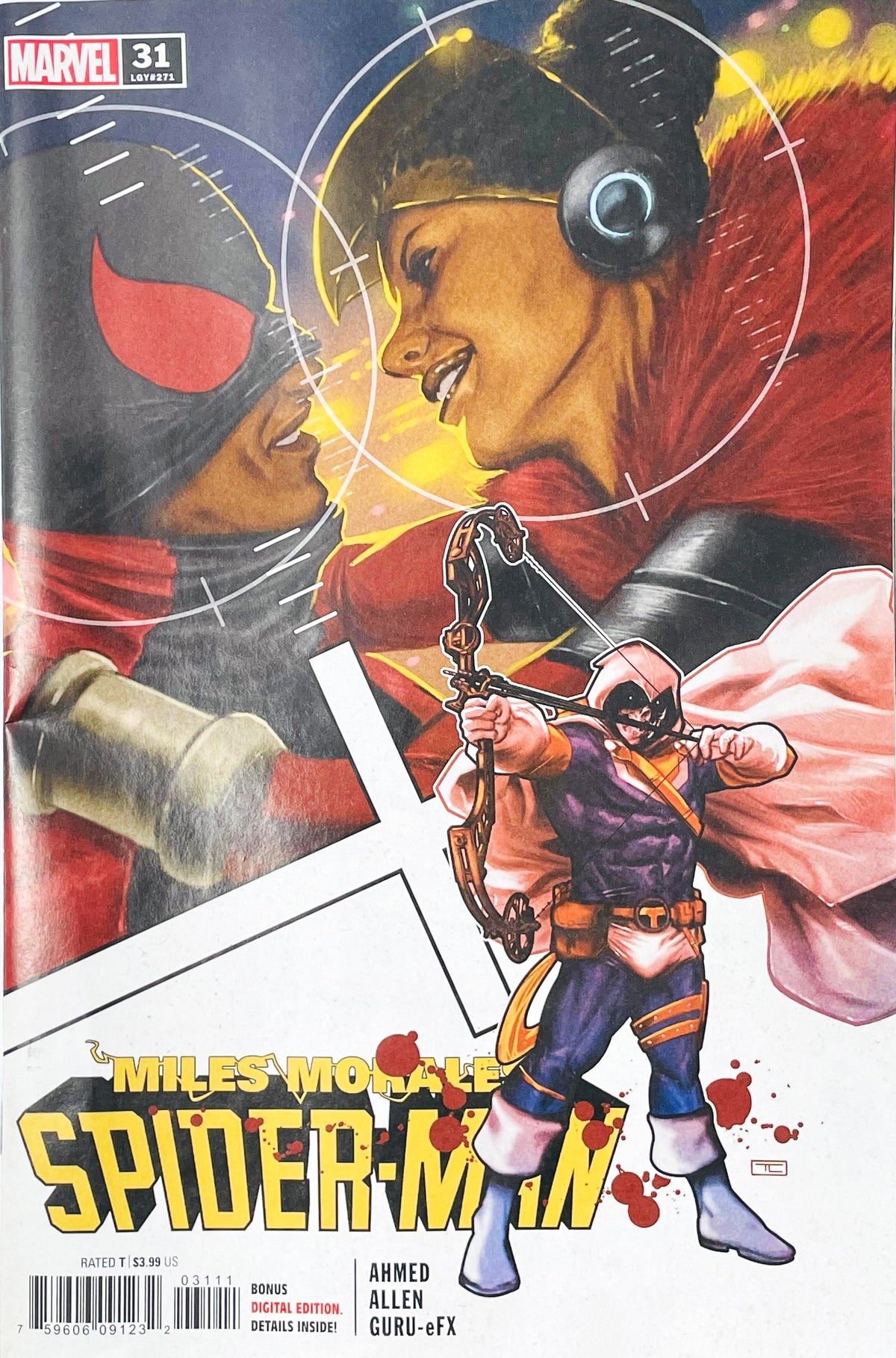 Miles Morales: Spider-Man issue 31 comic book published by Marvel Comics featuring Taurin Clarke cover art of Taskmaster drawing a bow beneath Miles Morales and Starling in target crosshairs.