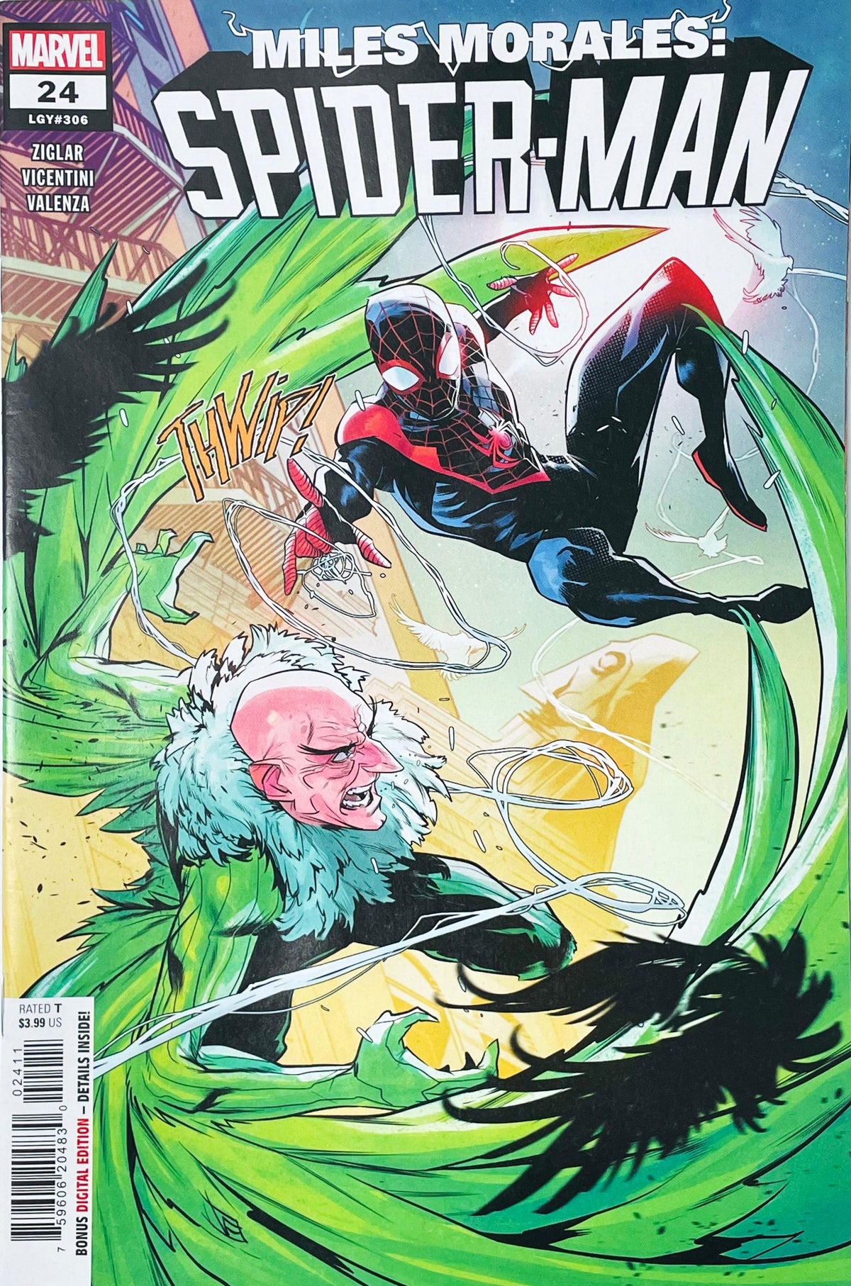 Miles Morales: Spider-Man issue 24 comic book published by Marvel Comics featuring Federico Vicentini cover art of Miles Morales dodging an attack from The Vulture.