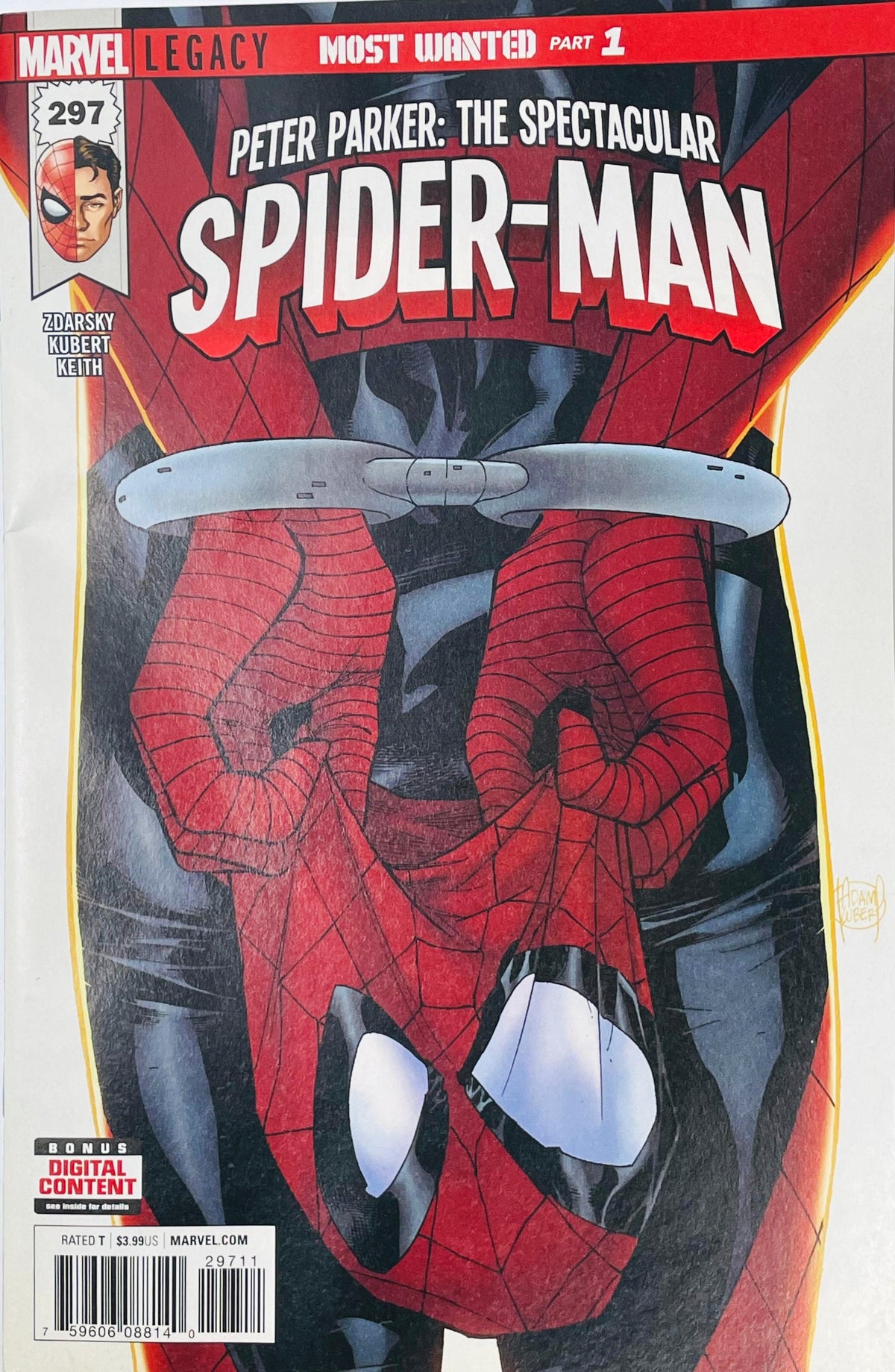 Peter Parker: The Spectacular Spider-Man issue 297 Marvel Legacy comic book featuring Adam Kubert cover art of Spider-Man handcuffed behind his back holding his mask.