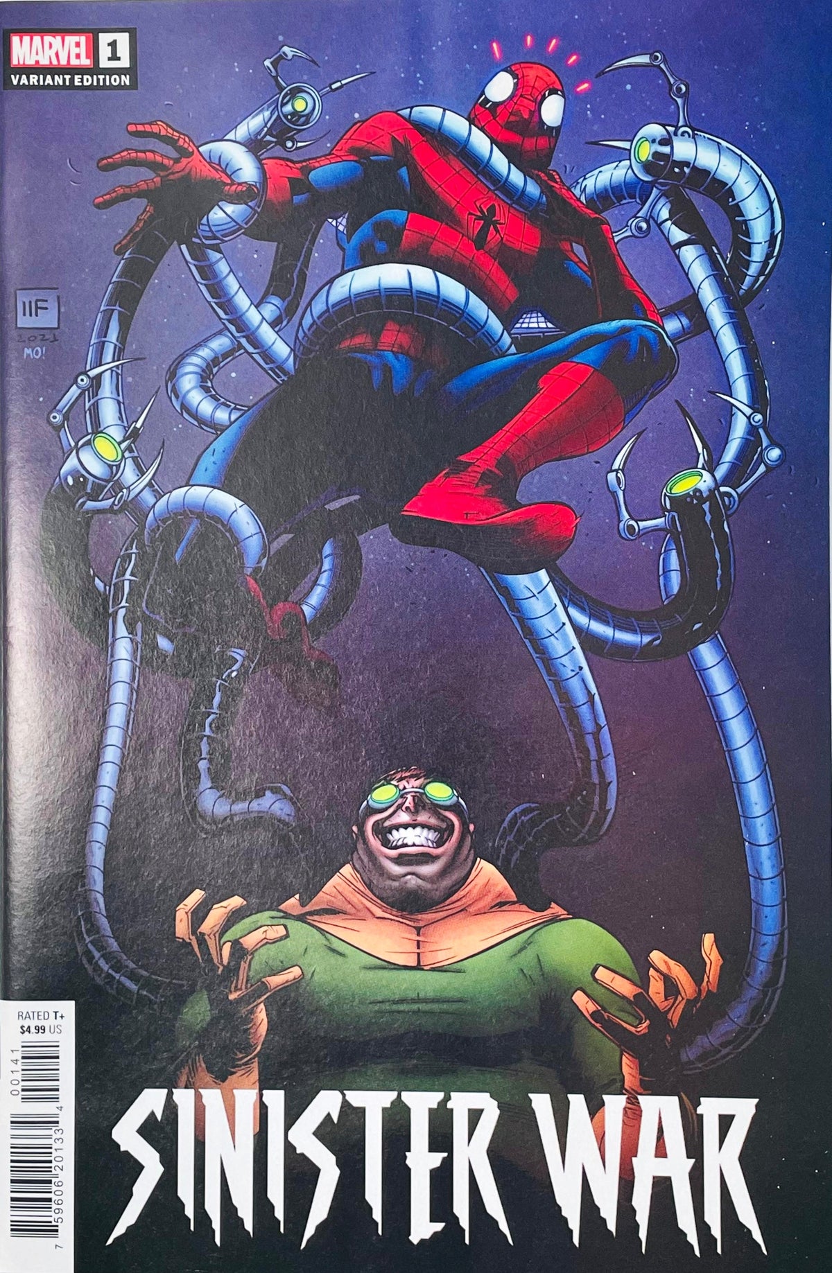 Sinister War issue 1 Variant Edition comic book published by Marvel Comics featuring InHyuk Lee cover art of Doctor Octopus trapping Spider-Man in mechanical arms.