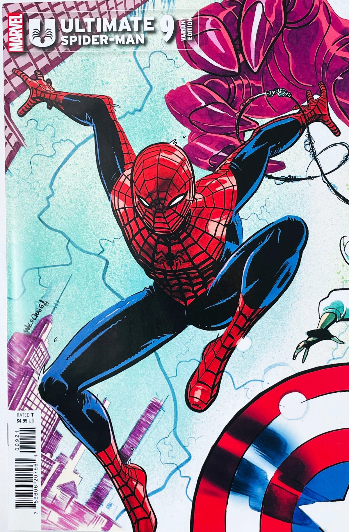 Ultimate Spider-Man issue 9 Variant Edition comic book published by Marvel Comics featuring Wes Craig cover art of Spider-Man leaping with Captain America's shield in the foreground.