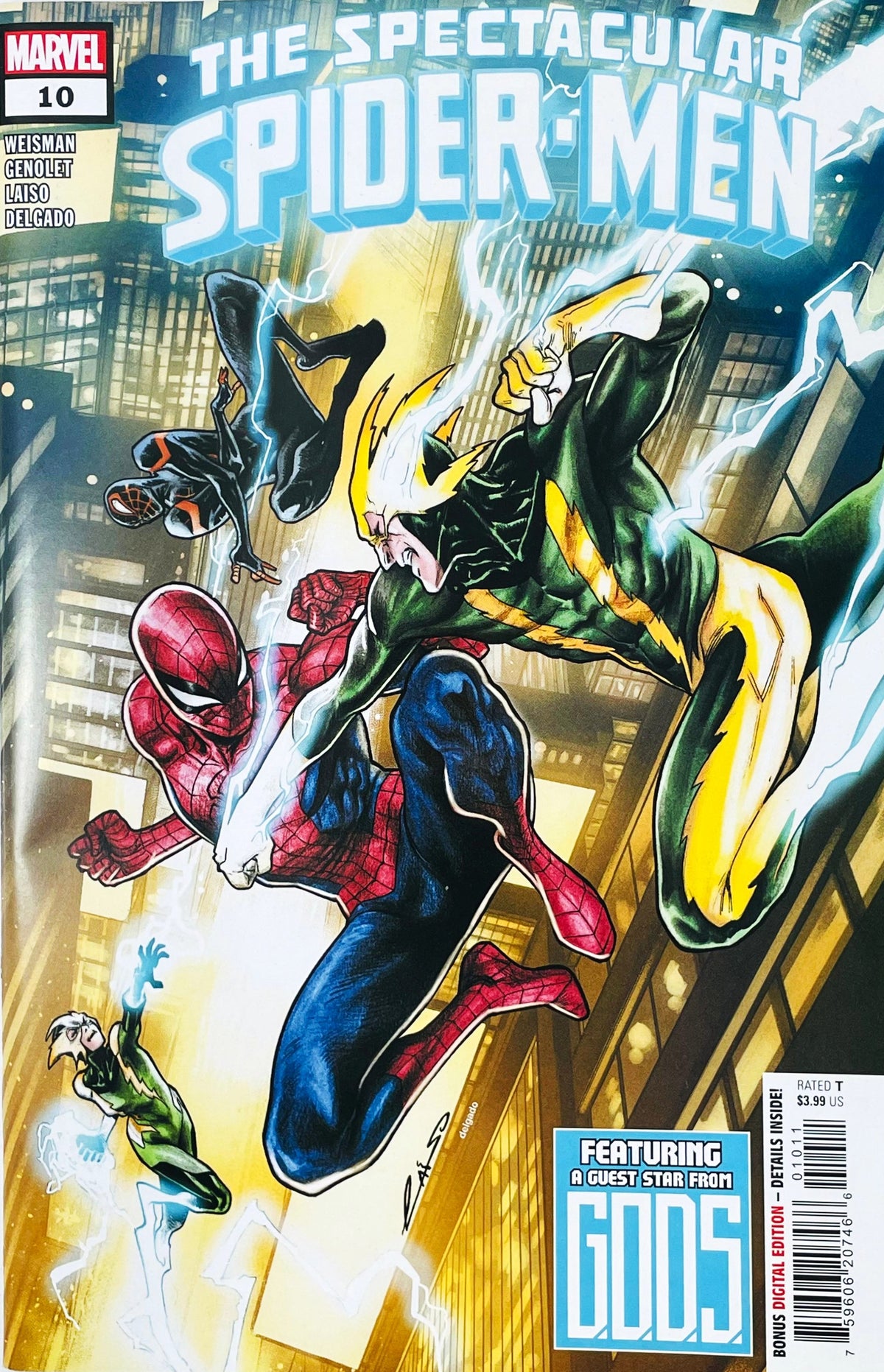 The Spectacular Spider-Men issue 10 comic book published by Marvel Comics featuring Emilio Laiso cover art of Peter Parker and Miles Morales fighting Electro.