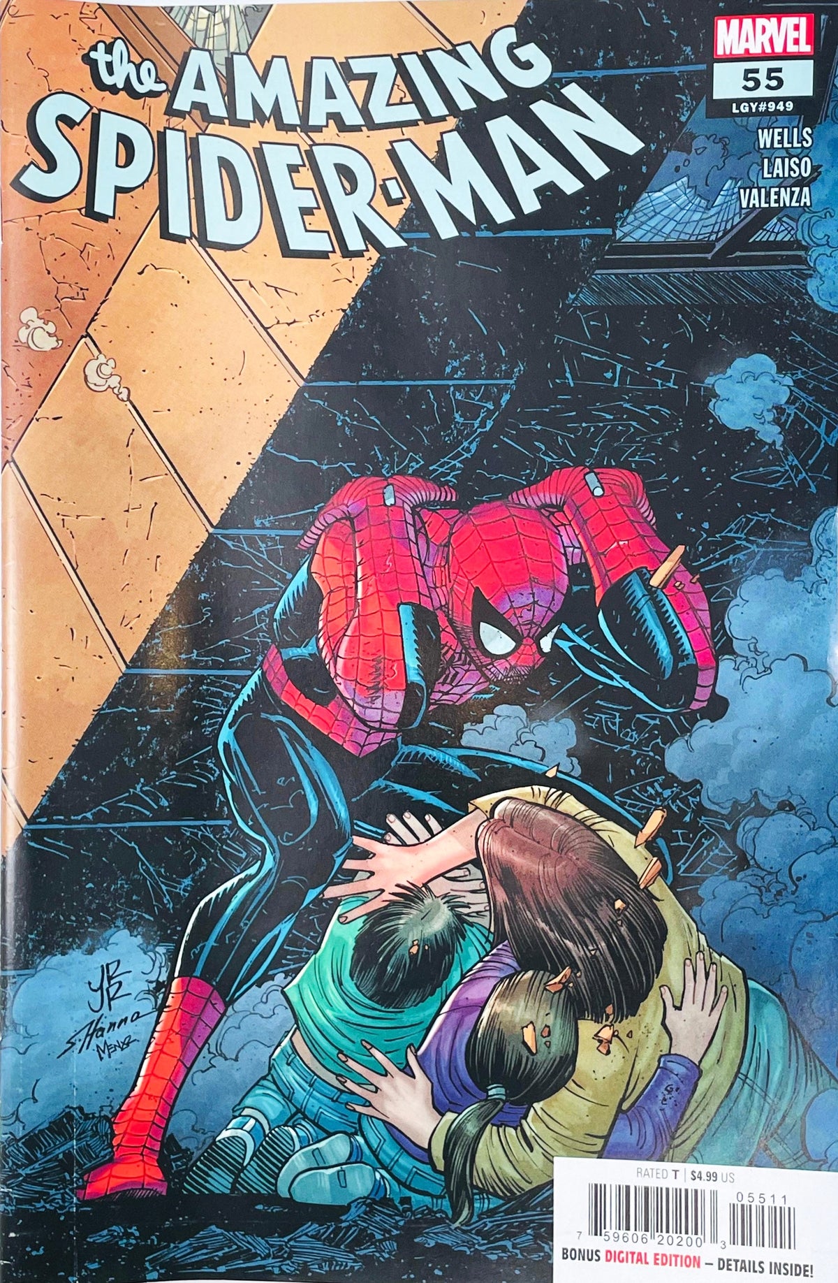 The Amazing Spider-Man issue 55 comic book published by Marvel Comics featuring John Romita Jr. cover art of Spider-Man crouching to shield a family from falling debris.