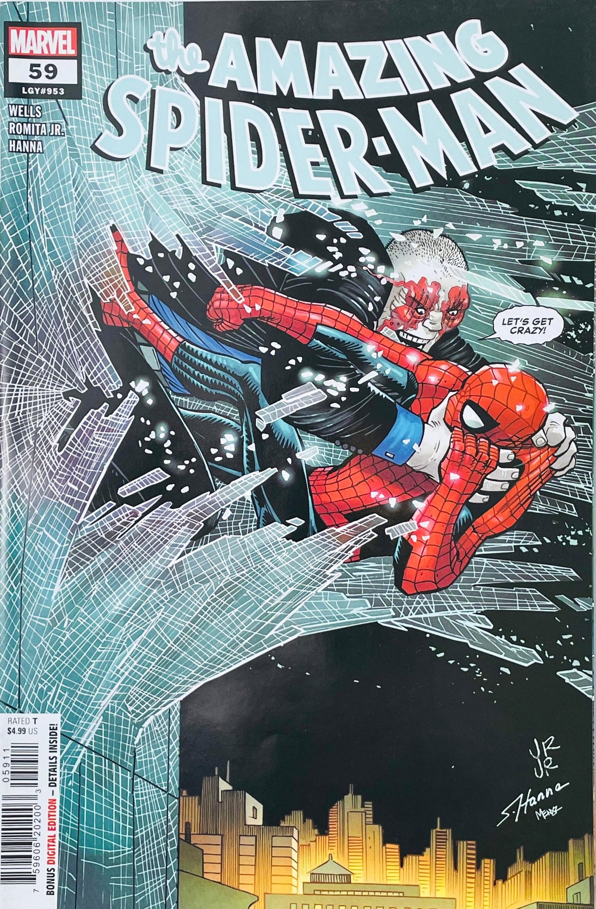 The Amazing Spider-Man issue 59 comic book published by Marvel Comics featuring John Romita Jr. cover art of Tombstone tackling Spider-Man through a glass window.
