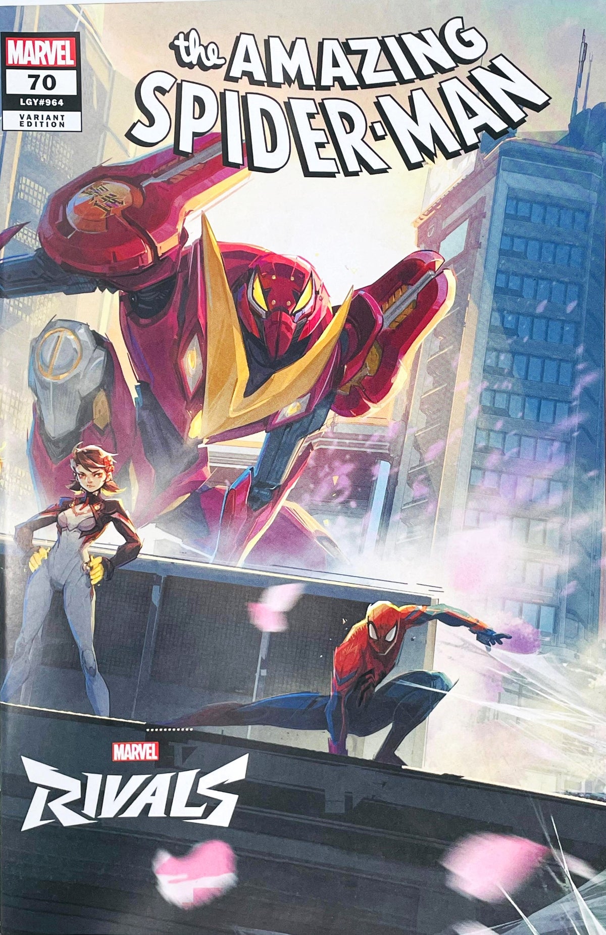 The Amazing Spider-Man issue 70 comic book Marvel Rivals Variant cover published by Marvel Comics featuring Spider-Man, Peni Parker, and her giant red SP//dr mech suit.