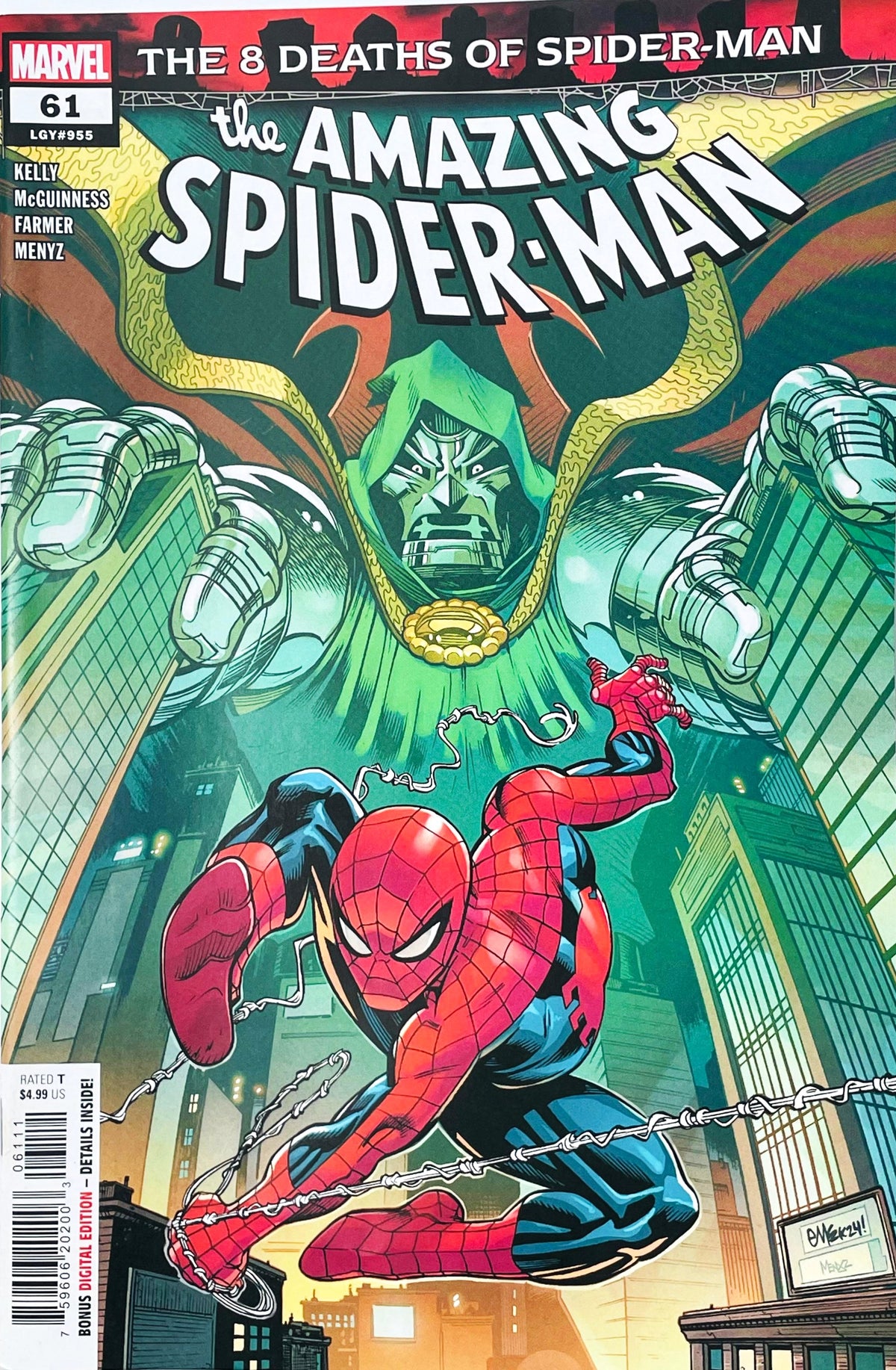 The Amazing Spider-Man issue 61 comic book published by Marvel Comics featuring Ed McGuinness cover art of Spider-Man swinging in front of a giant looming Doctor Doom.