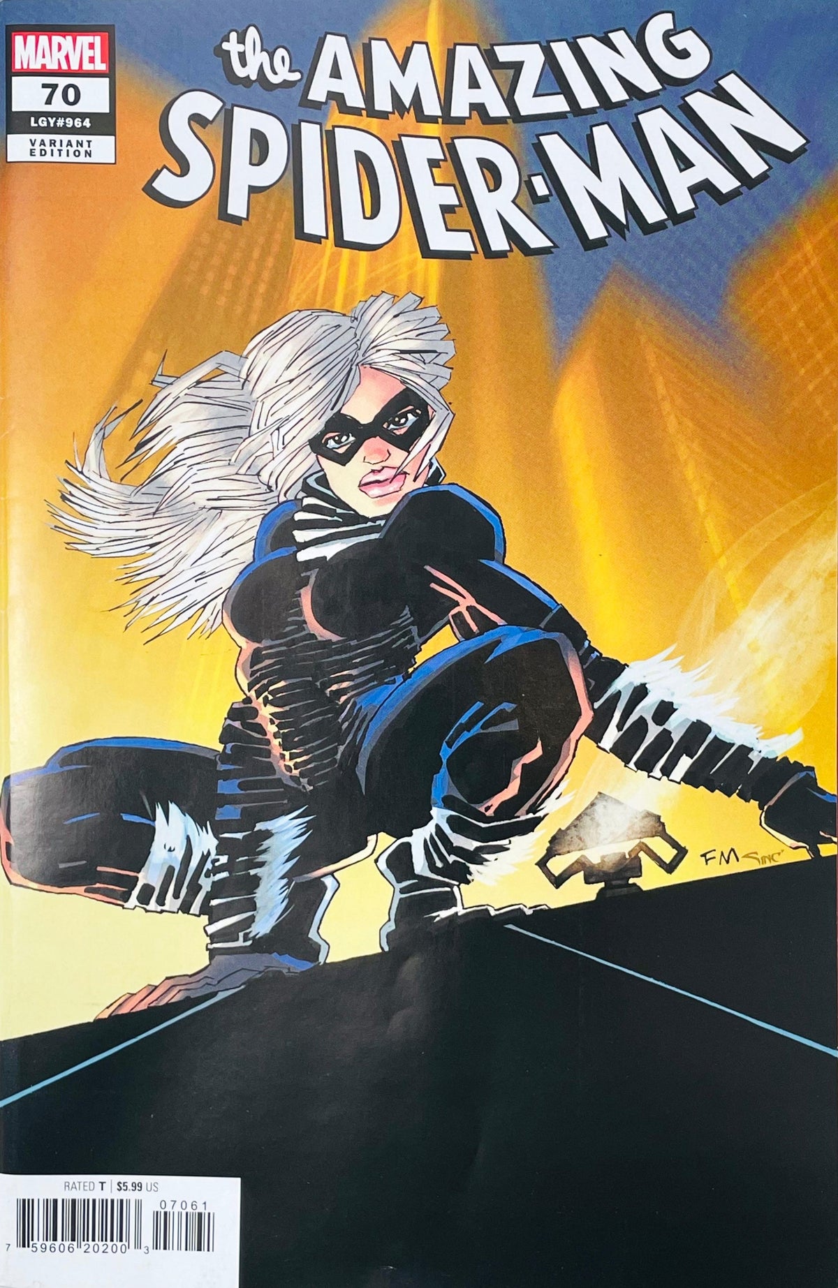 The Amazing Spider-Man issue 70 comic book Variant cover published by Marvel Comics featuring Black Cat crouching on a rooftop against yellow spotlight beams.