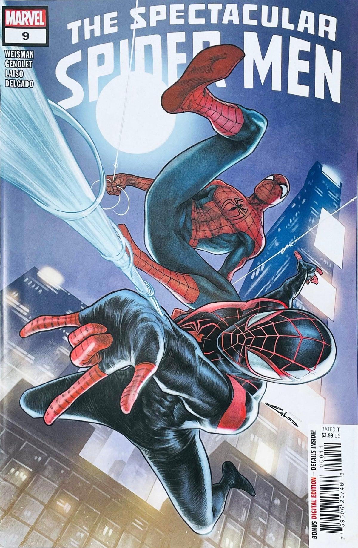 The Spectacular Spider-Men issue 9 comic book published by Marvel Comics featuring Emilio Laiso cover art of Peter Parker and Miles Morales swinging together in front of a full moon.