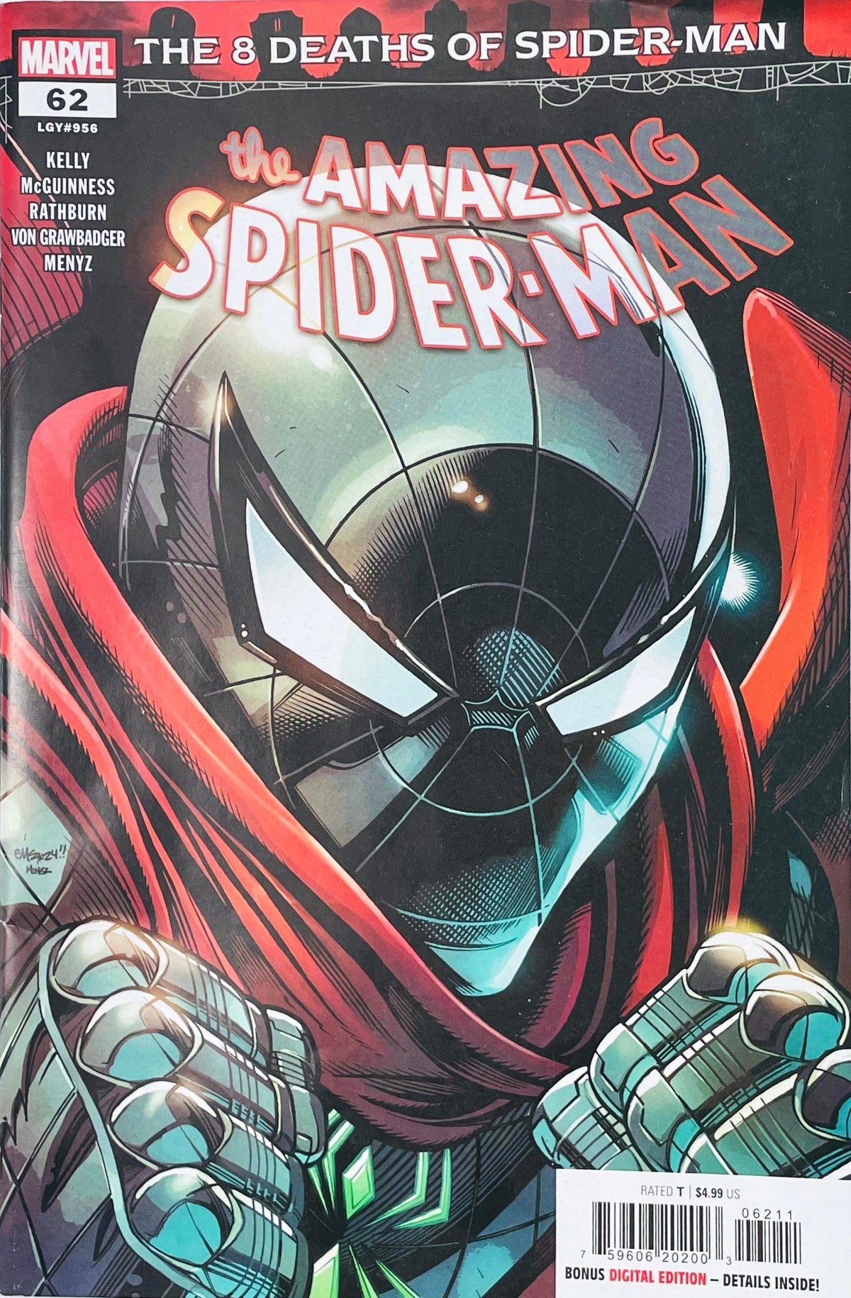 The Amazing Spider-Man issue 62 comic book published by Marvel Comics featuring Ed McGuinness close-up cover art of Spider-Man in a red cloak and armored suit.