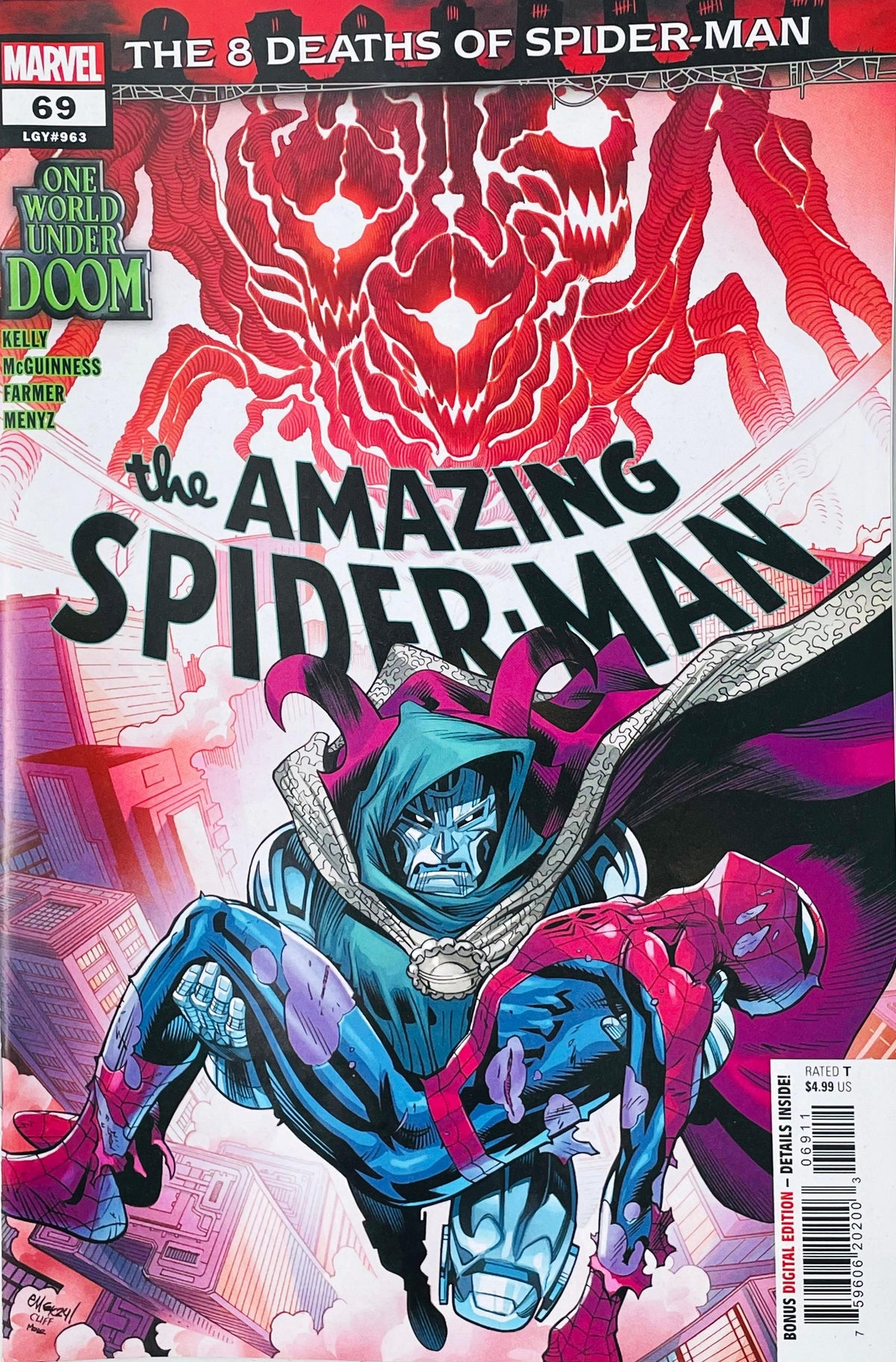 The Amazing Spider-Man issue 69 comic book published by Marvel Comics featuring Ed McGuinness cover art of Doctor Doom holding an unconscious Spider-Man under a giant glowing red spider monster.
