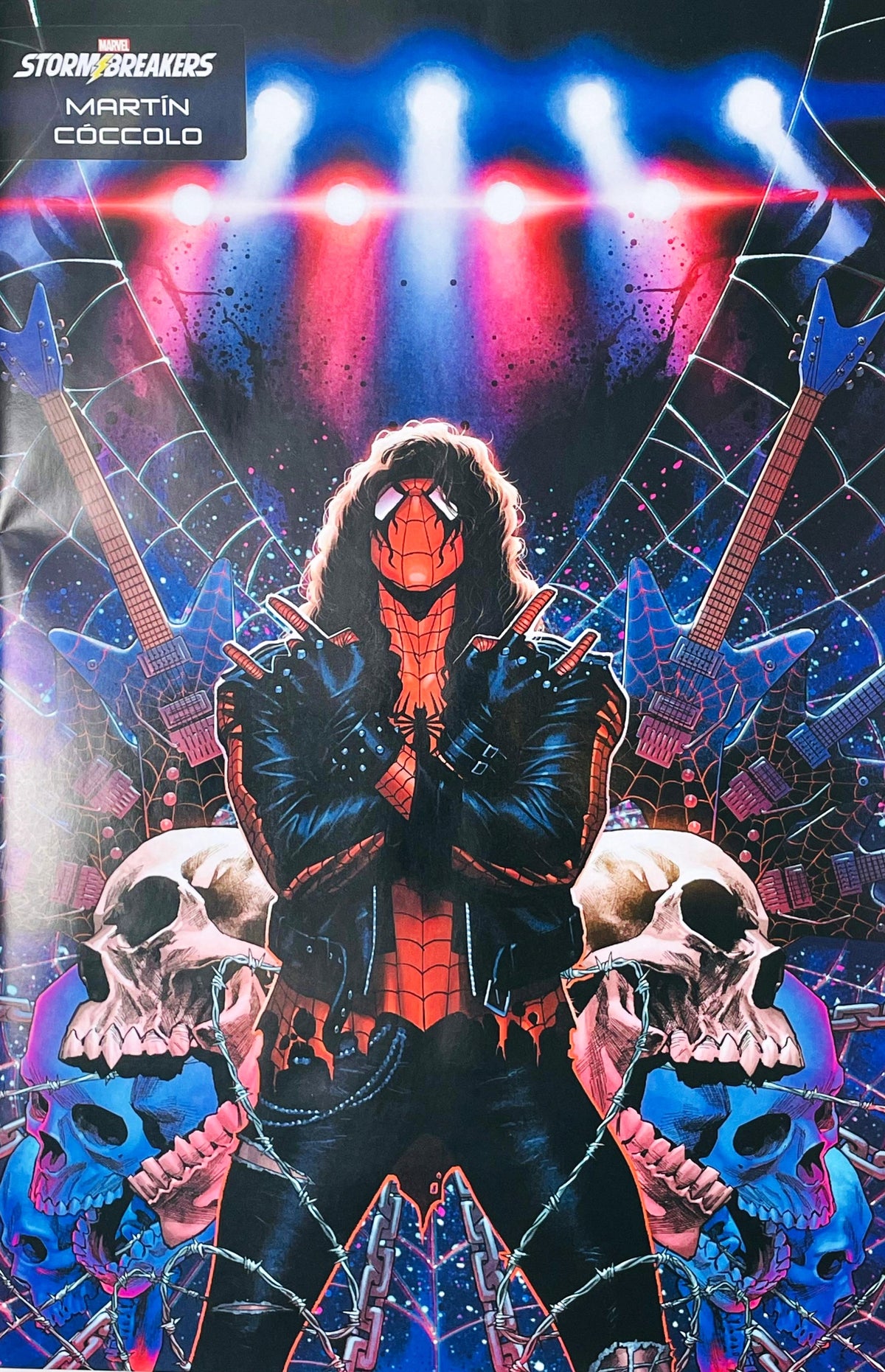 Spider-Punk Arms Race issue 1 comic book Marvel Stormbreakers variant cover by Martín Cóccolo featuring Hobie Brown in a leather jacket with electric guitars and skulls.