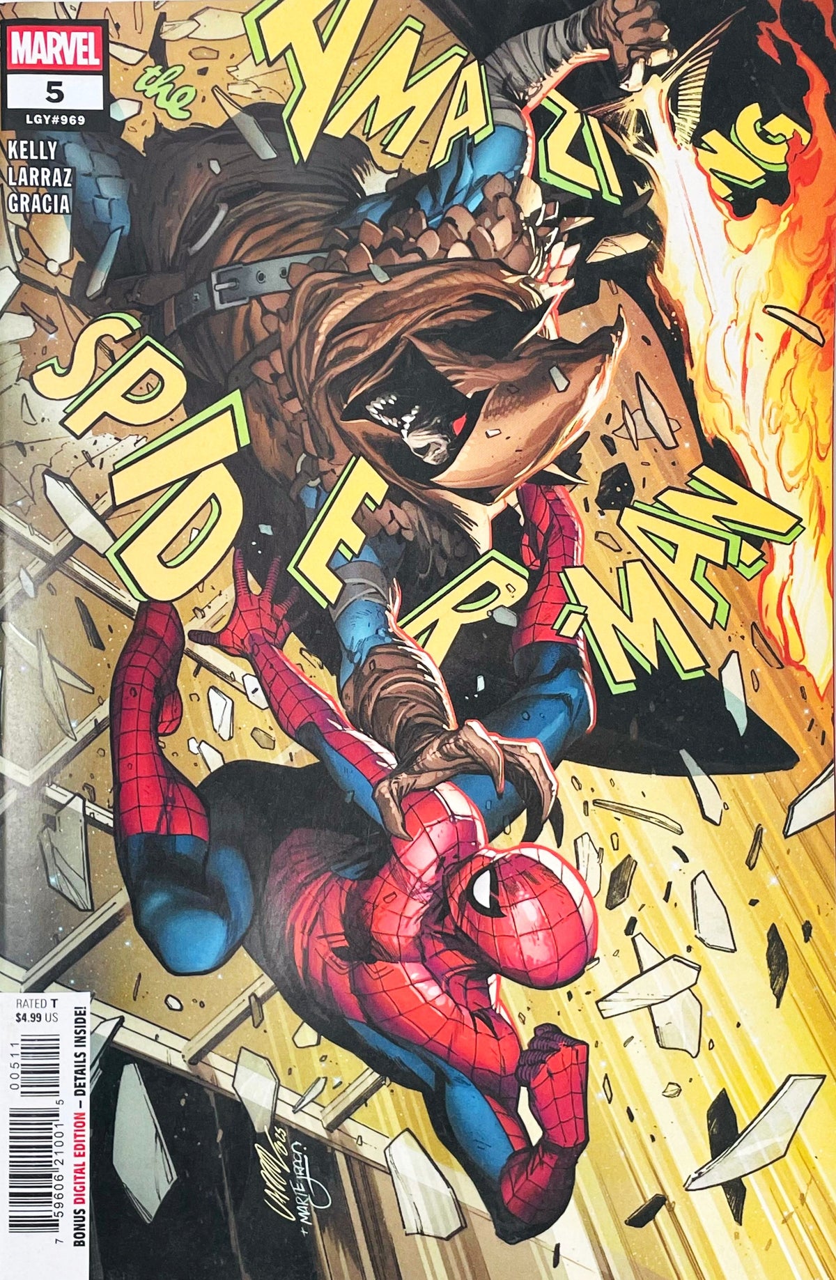 The Amazing Spider-Man issue 5 comic book published by Marvel Comics featuring Pepe Larraz cover art of Spider-Man fighting a hooded monster through glass.