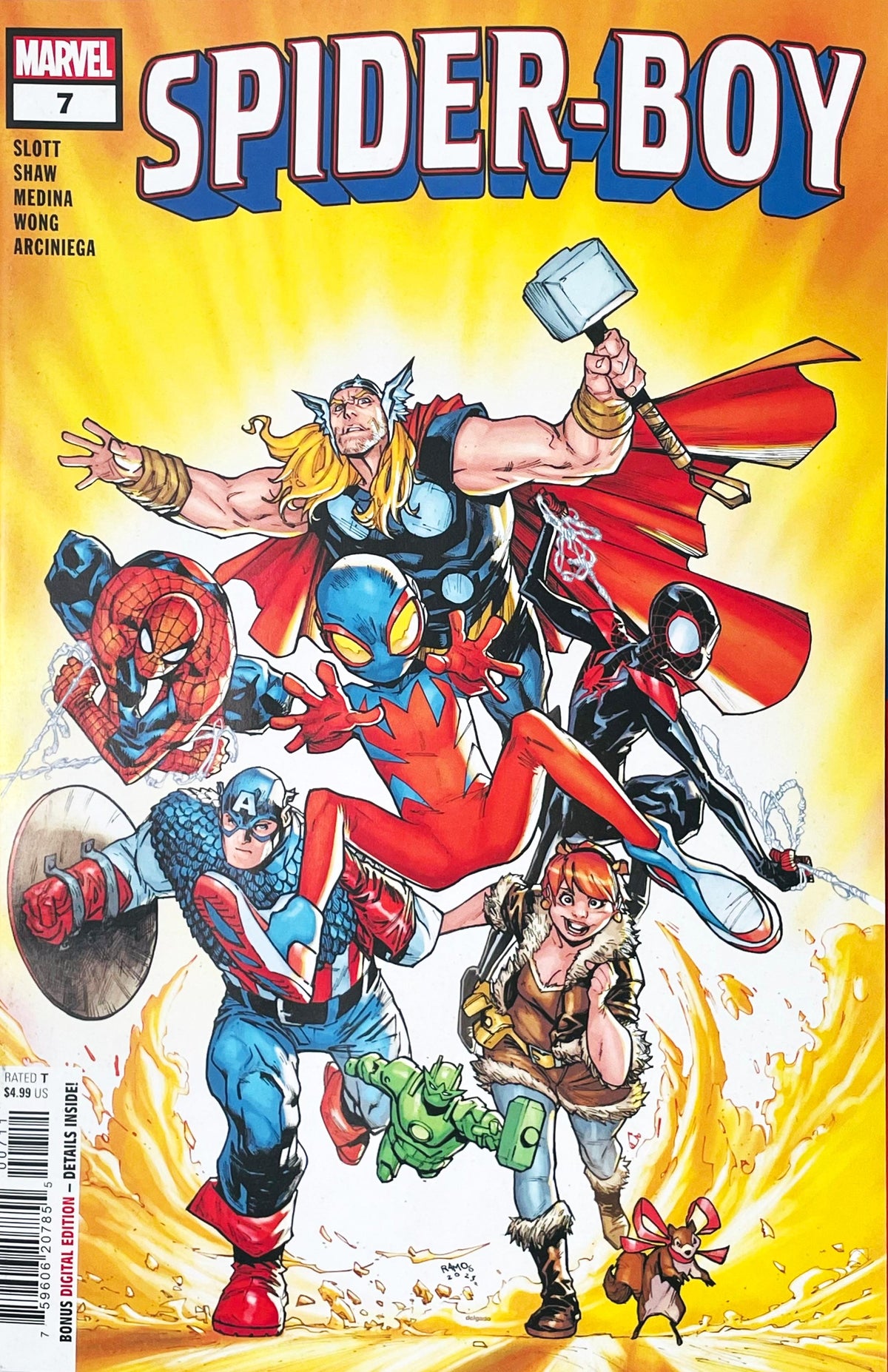 Spider-Boy issue 7 comic book published by Marvel Comics featuring Humberto Ramos cover art of Spider-Boy jumping alongside Thor, Captain America, Spider-Man, Miles Morales, and Squirrel Girl.