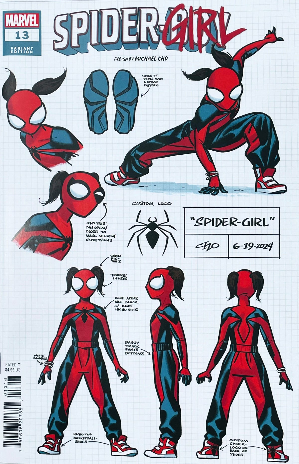 Spider-Boy issue 13 comic book Design Variant cover by Michael Cho published by Marvel Comics featuring costume model sheets and turnarounds for Spider-Girl.