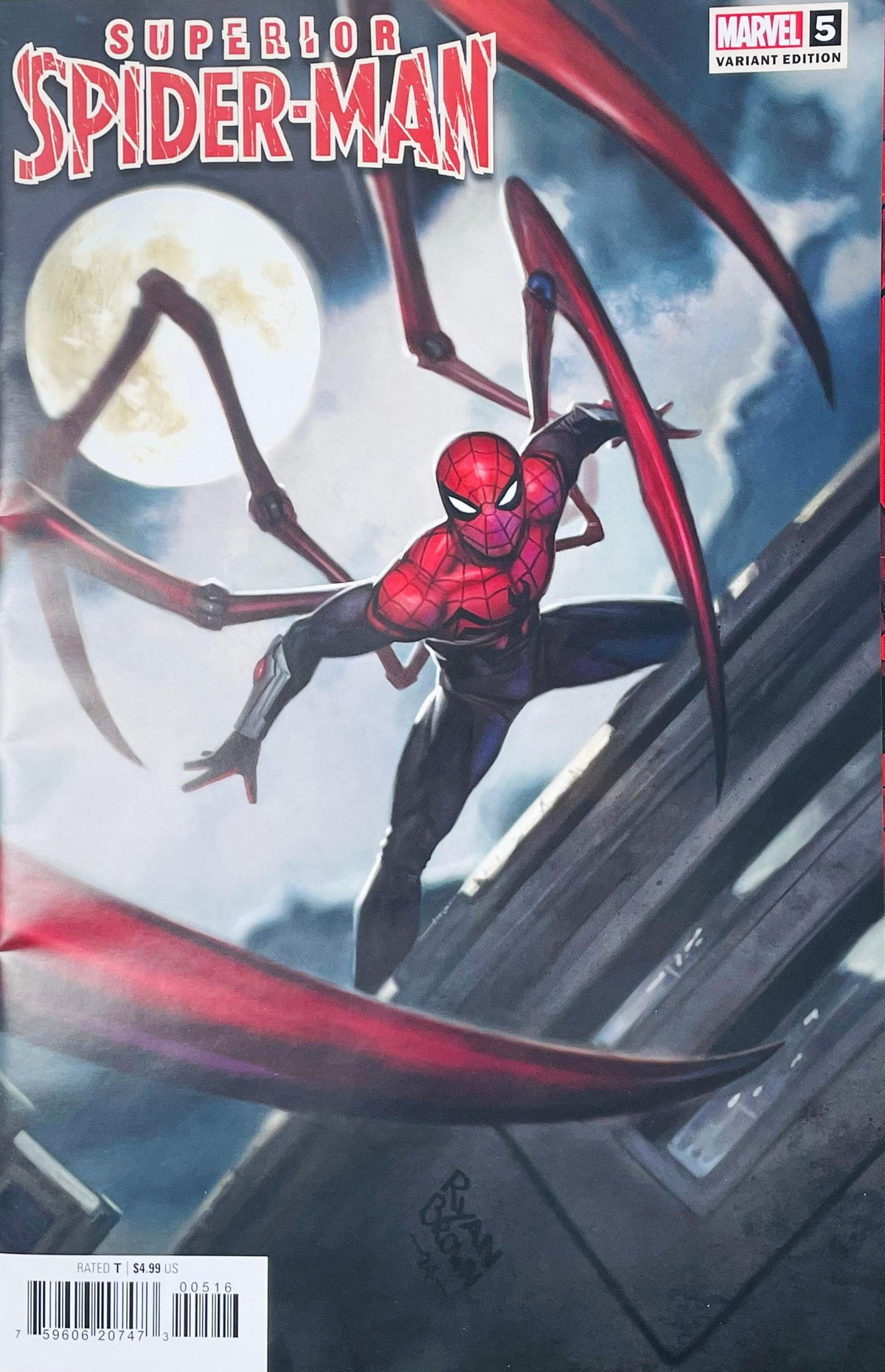 Superior Spider-Man issue 5 comic book Variant cover published by Marvel Comics featuring Ryan Brown cover art of Superior Spider-Man on a building ledge with mechanical legs in front of a full moon.
