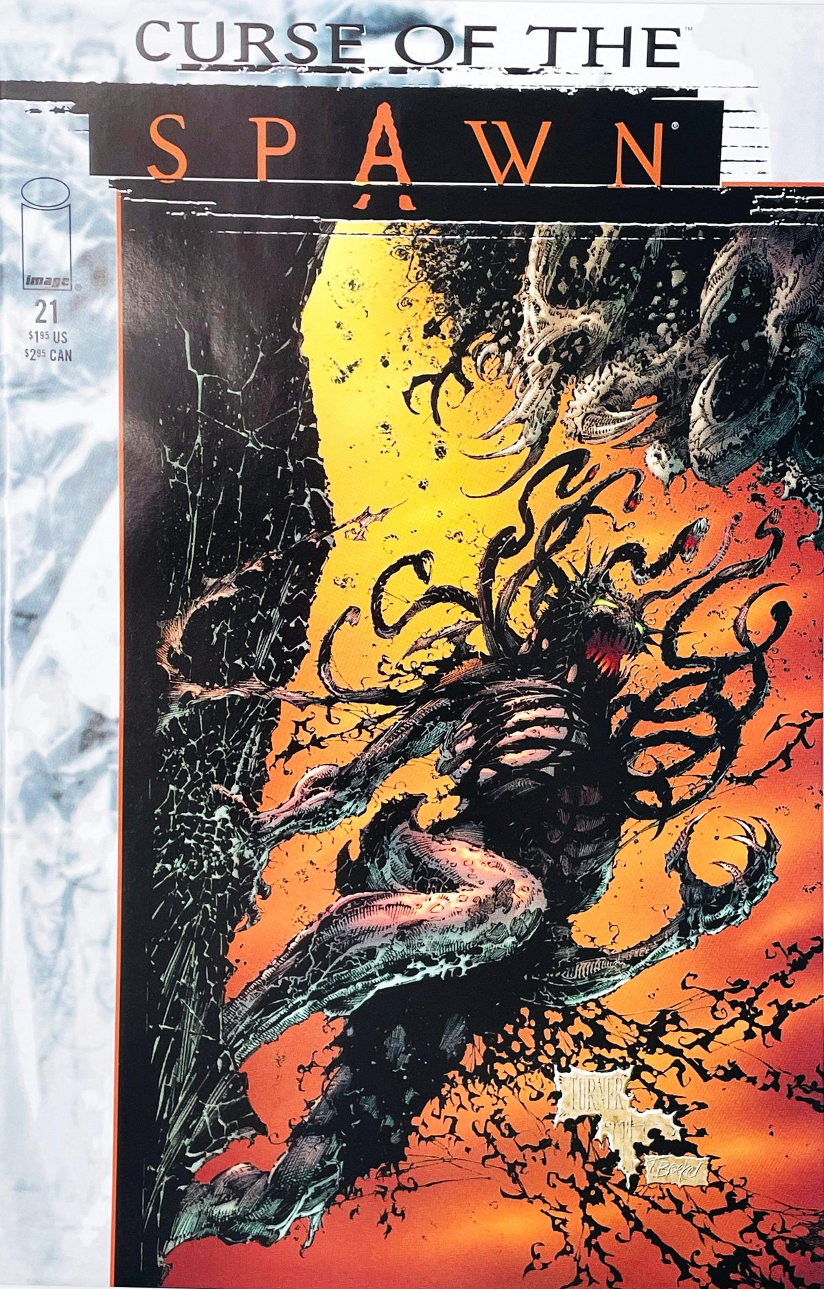 Curse of the Spawn issue 21 comic book published by Image Comics featuring Dwayne Turner cover art of a monstrous mutated Spawn with black tendrils against a fiery orange background.