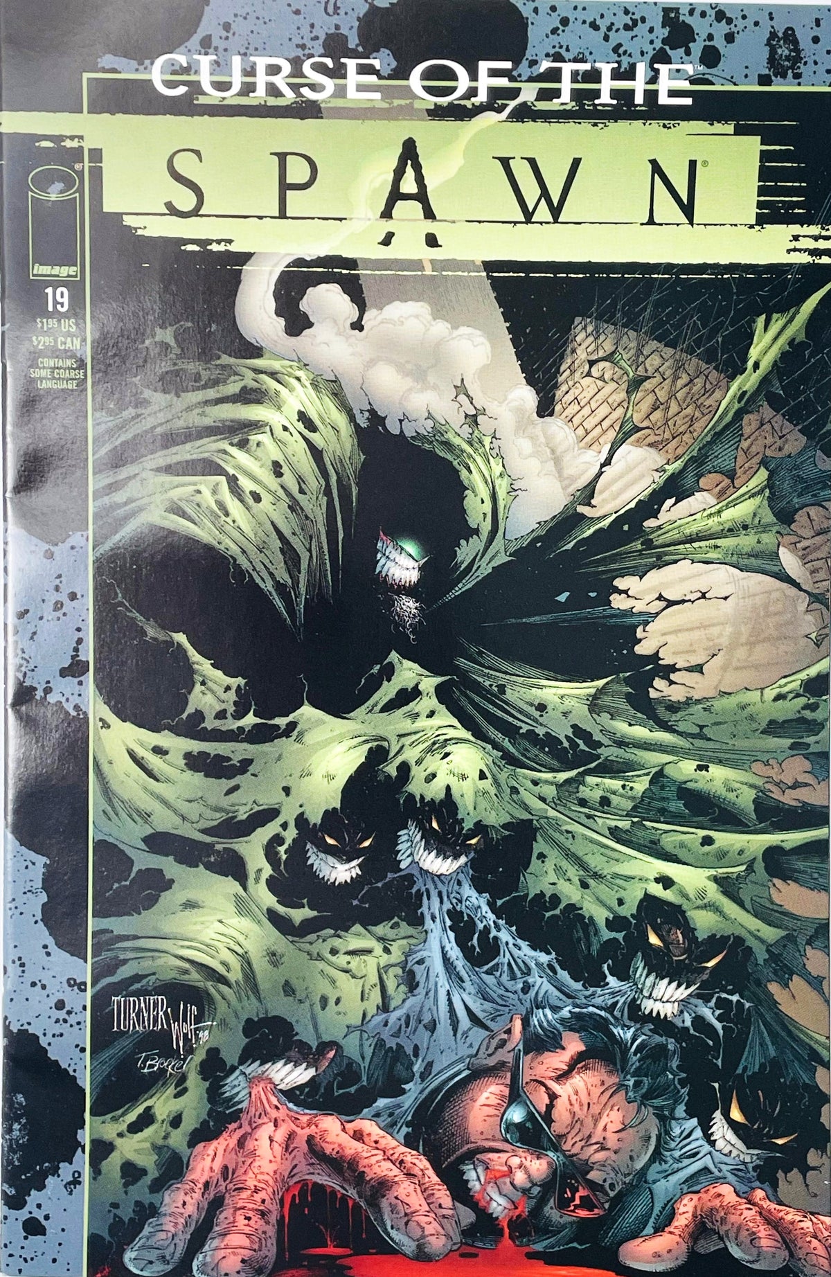 Curse of the Spawn issue 19 comic book published by Image Comics featuring Dwayne Turner cover art of a living green cape with demonic faces looming over a bloody victim.