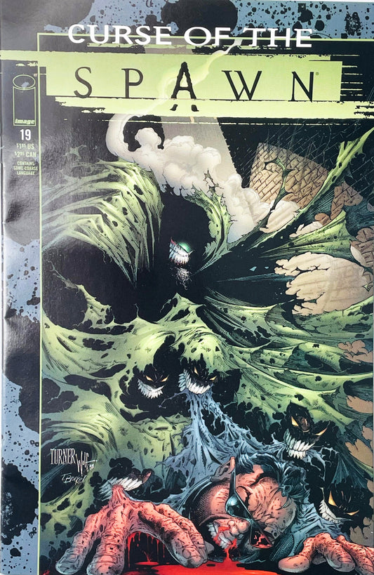 Curse of the Spawn issue 19 comic book published by Image Comics featuring Dwayne Turner cover art of a living green cape with demonic faces looming over a bloody victim.