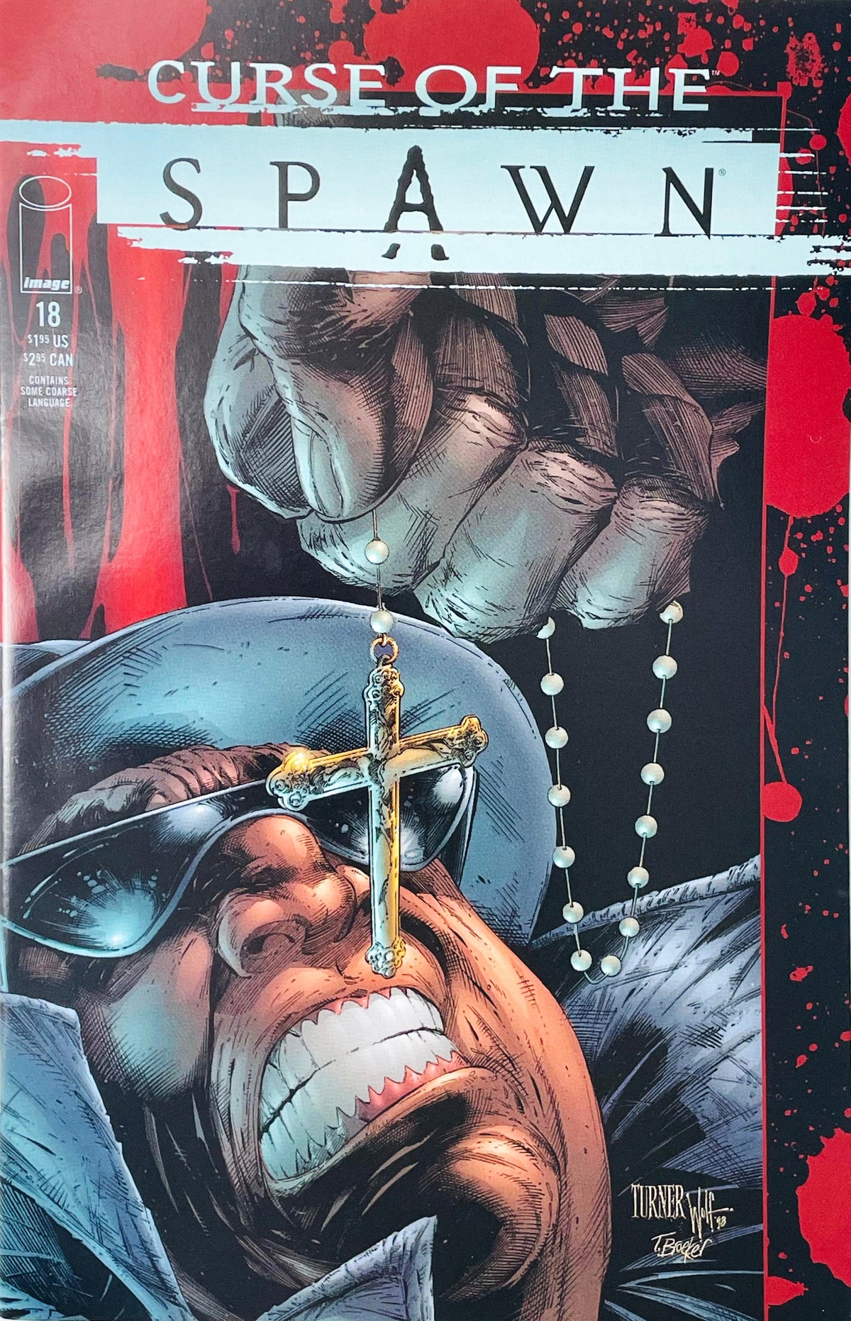 Curse of the Spawn issue 18 comic book published by Image Comics featuring Dwayne Turner cover art of a man in sunglasses with a cross rosary dangling over his face.