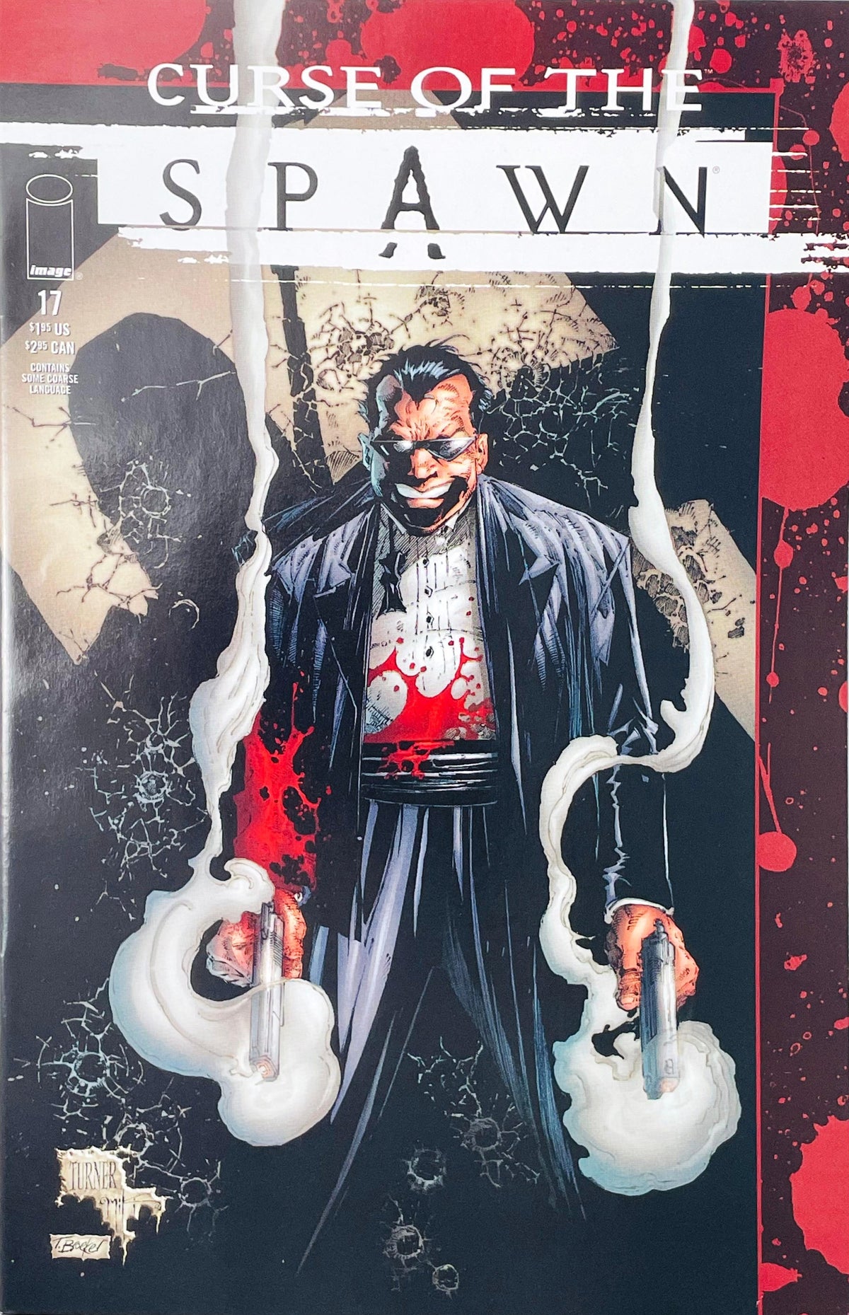 Curse of the Spawn issue 17 comic book published by Image Comics featuring Dwayne Turner cover art of mob boss Tony Twistelli holding two smoking guns.