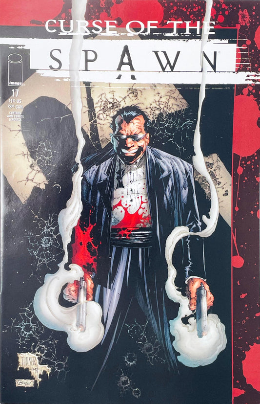 Curse of the Spawn issue 17 comic book published by Image Comics featuring Dwayne Turner cover art of mob boss Tony Twistelli holding two smoking guns.