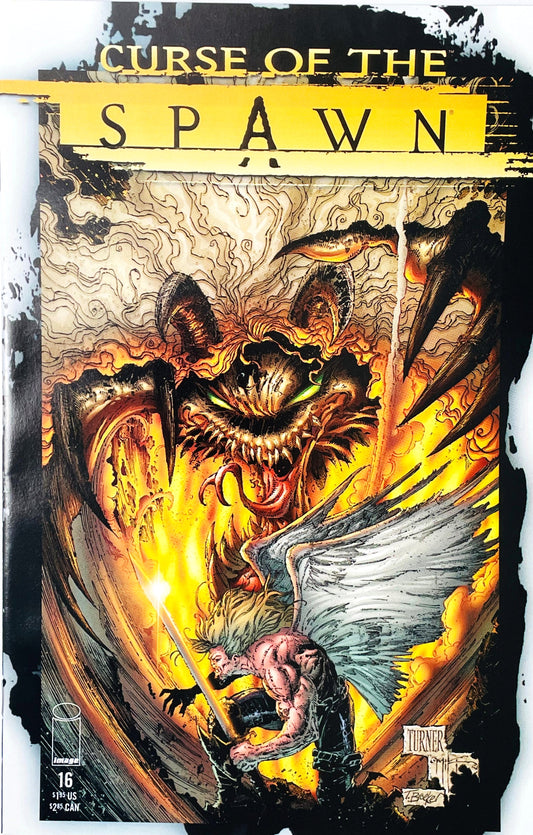 Curse of the Spawn issue 16 comic book published by Image Comics featuring Dwayne Turner cover art of a demonic monster with sharp claws looming over a winged warrior.