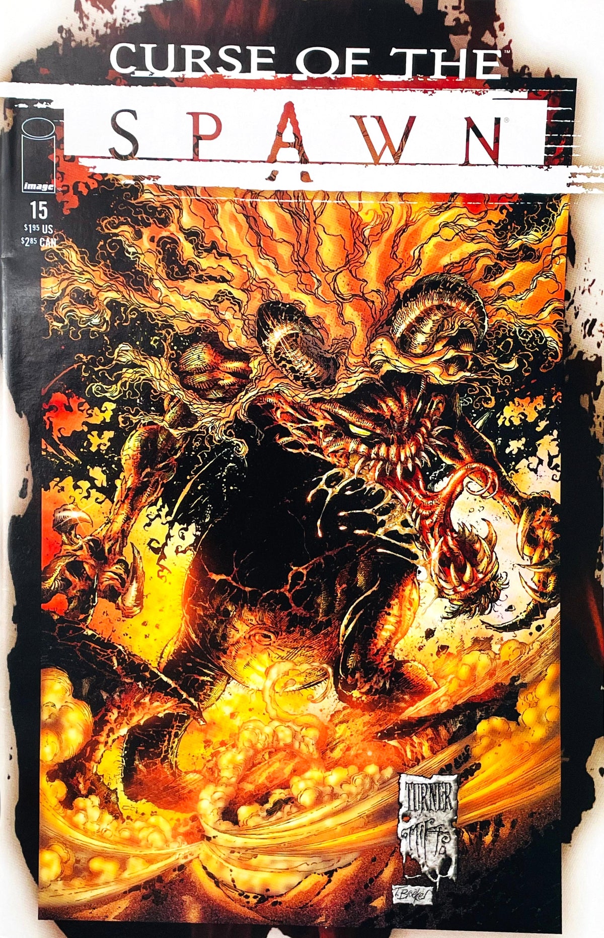 Curse of the Spawn issue 15 comic book published by Image Comics featuring Dwayne Turner cover art of a horned demonic monster with sharp claws erupting from hellfire.