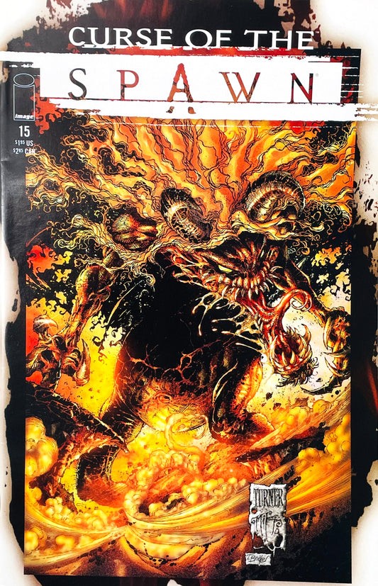 Curse of the Spawn issue 15 comic book published by Image Comics featuring Dwayne Turner cover art of a horned demonic monster with sharp claws erupting from hellfire.