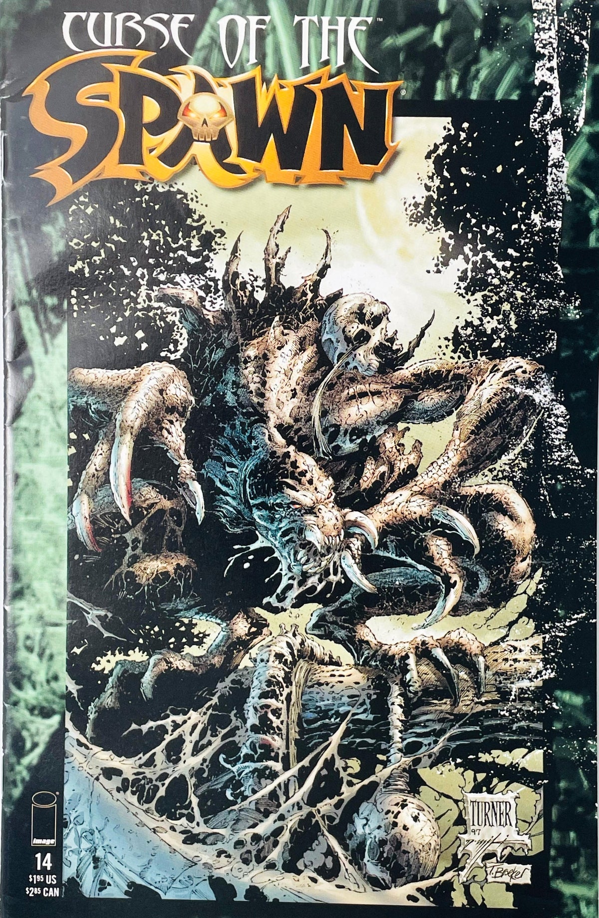 Curse of the Spawn issue 14 comic book published by Image Comics featuring Dwayne Turner cover art of a grotesque swamp monster lurking in a moonlit marsh.