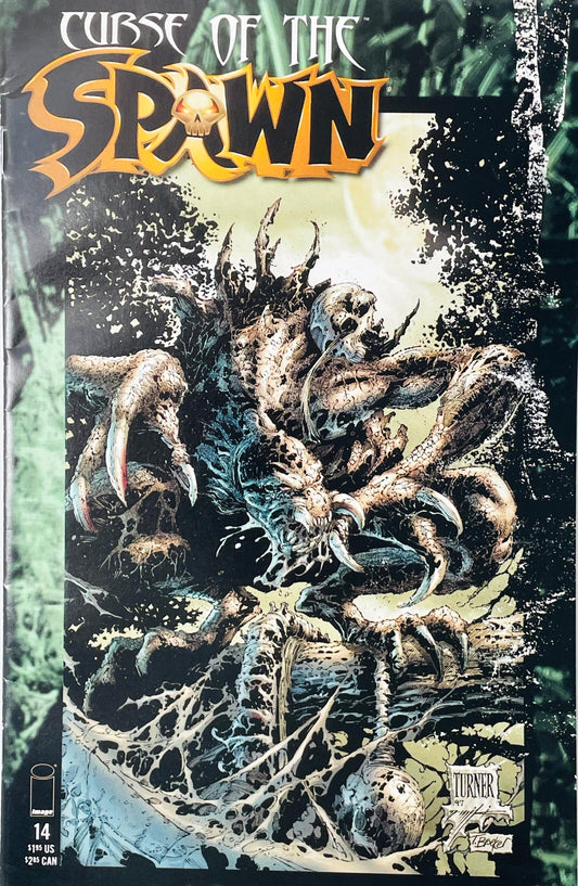 Curse of the Spawn issue 14 comic book published by Image Comics featuring Dwayne Turner cover art of a grotesque swamp monster lurking in a moonlit marsh.