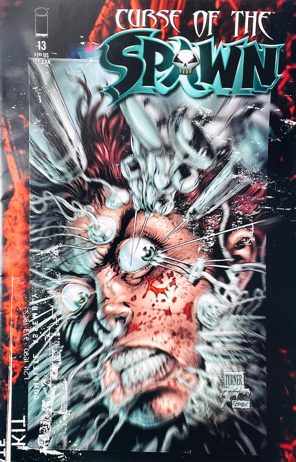 Curse of the Spawn issue 13 comic book published by Image Comics featuring Dwayne Turner cover art of a screaming face pierced by multiple syringes.