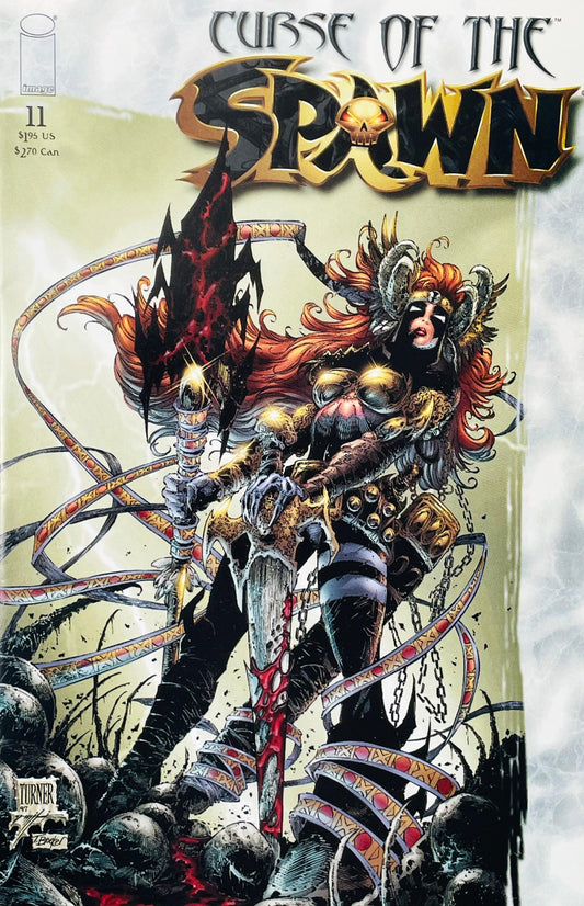 Curse of the Spawn issue 11 comic book published by Image Comics featuring Dwayne Turner cover art of angelic warrior Angela standing on skulls with a broadsword.