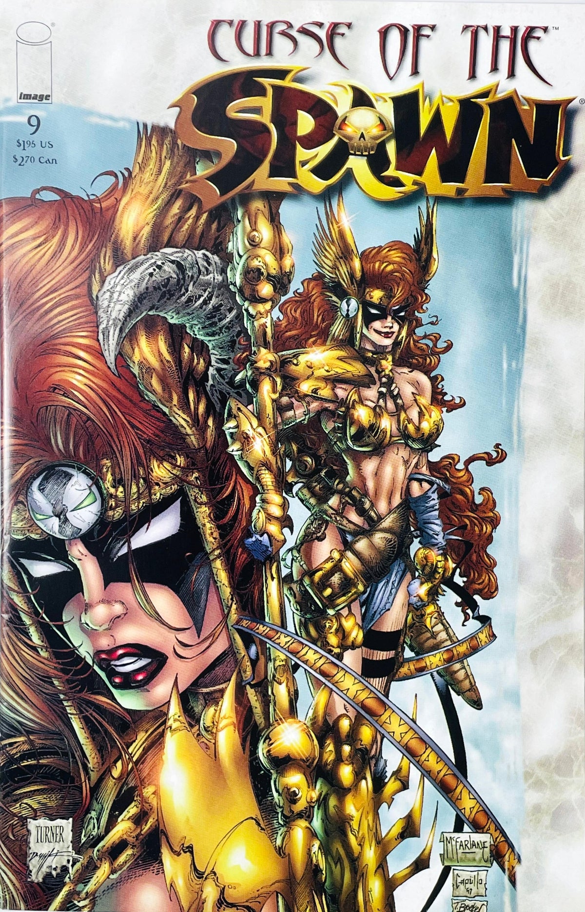 Curse of the Spawn issue 9 comic book published by Image Comics featuring Dwayne Turner cover art of angelic warrior Angela in golden armor alongside a close-up of her face.