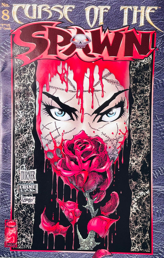 Curse of the Spawn issue 8 comic book published by Image Comics featuring Dwayne Turner cover art of a pale stitched face with a red rose over her mouth.