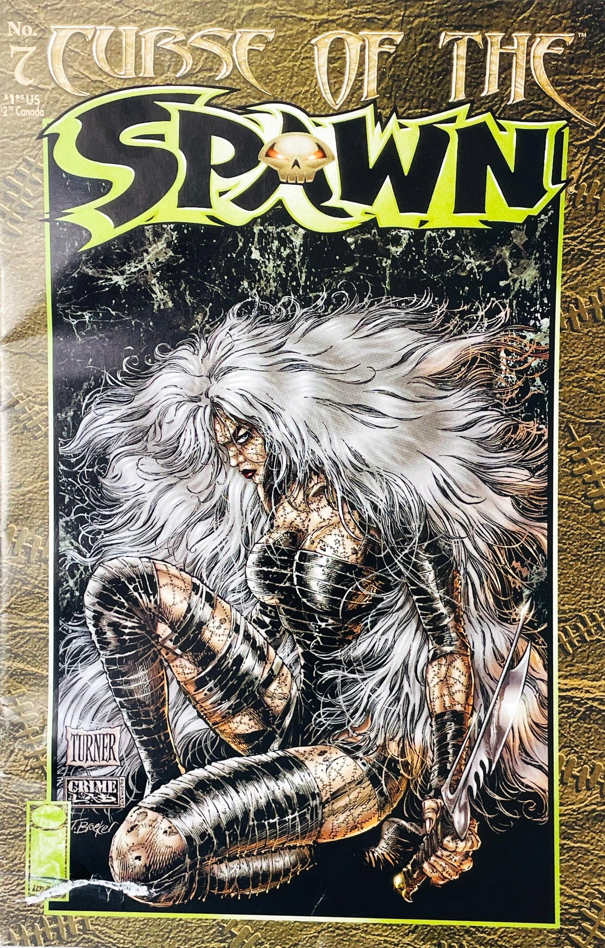 Curse of the Spawn issue 7 comic book published by Image Comics featuring Dwayne Turner cover art of a crouched white-haired female warrior in black leather armor with a dagger.