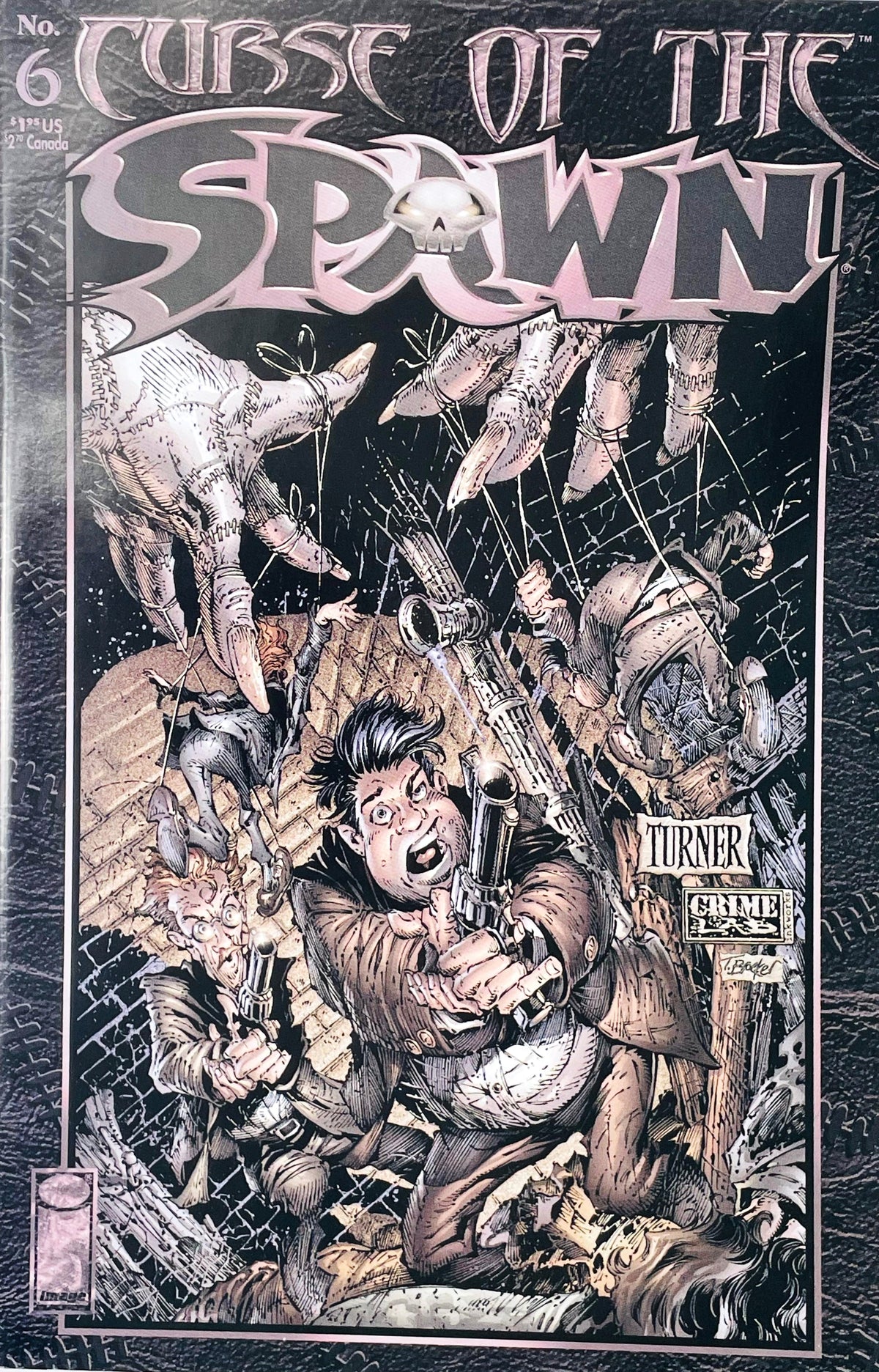 Curse of the Spawn issue 6 comic book published by Image Comics featuring Dwayne Turner cover art of giant stitched hands controlling human puppets holding guns.