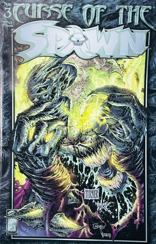 Curse of the Spawn issue 3 comic book published by Image Comics featuring Dwayne Turner cover art of clawed demonic hands holding glowing green necroplasmic energy.