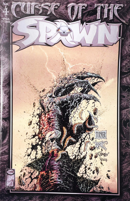 Curse of the Spawn issue 4 comic book published by Image Comics featuring Dwayne Turner cover art of a maggot-covered demonic claw hand bursting through the ground.