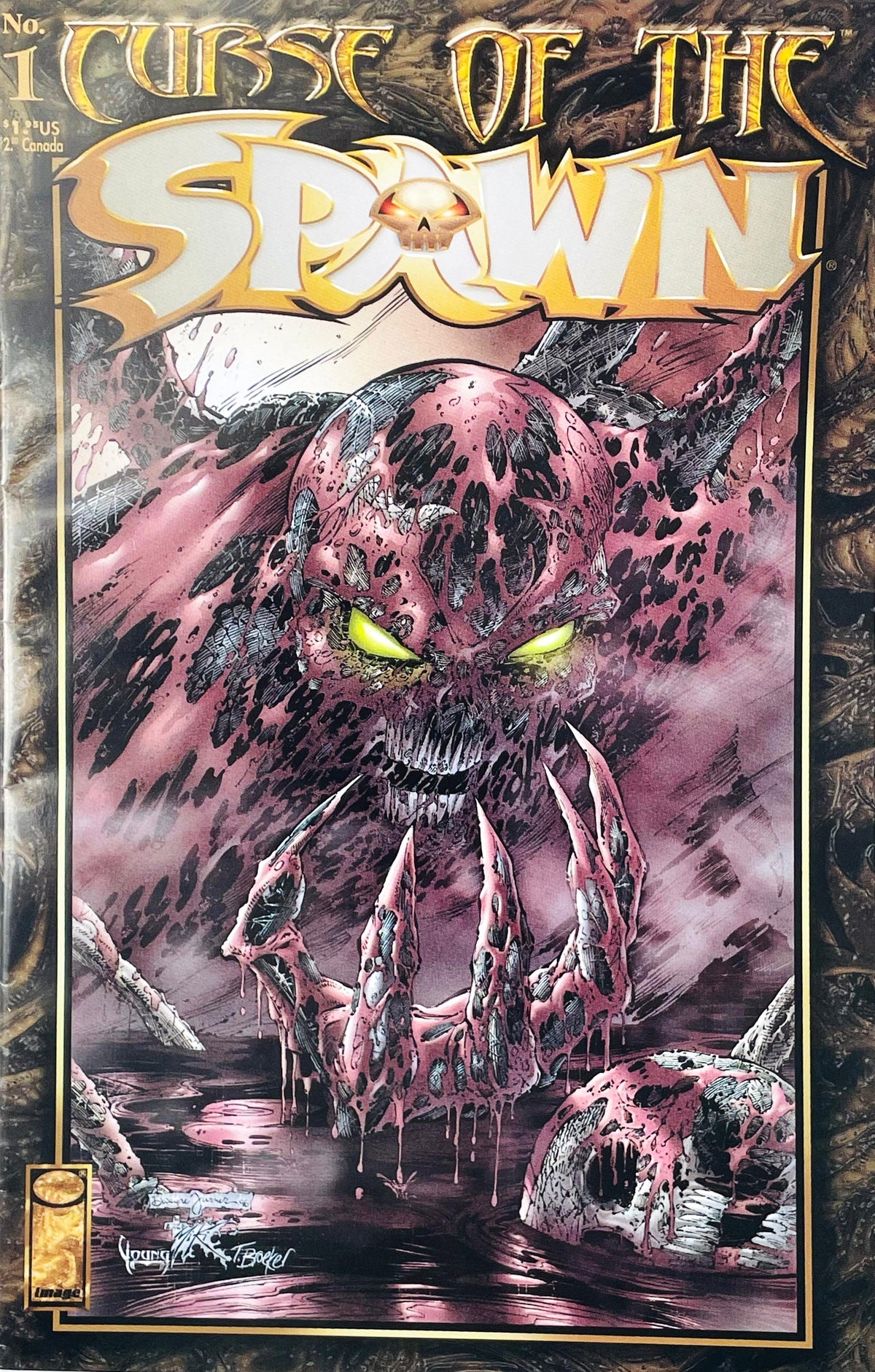 Curse of the Spawn issue 1 premiere comic book published by Image Comics featuring Dwayne Turner cover art of a futuristic demonic Hellspawn with glowing eyes and clawed hand rising from a swamp of skulls.