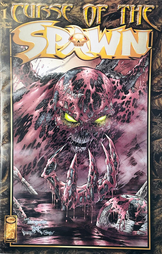 Curse of the Spawn issue 1 premiere comic book published by Image Comics featuring Dwayne Turner cover art of a futuristic demonic Hellspawn with glowing eyes and clawed hand rising from a swamp of skulls.