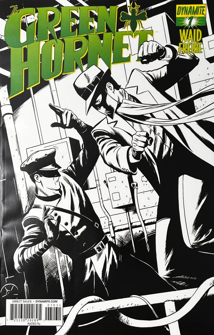 The Green Hornet issue 7 Black and White Edition comic book published by Dynamite Entertainment featuring Ronilson Freire cover art of Green Hornet fighting Kato in a alleyway.