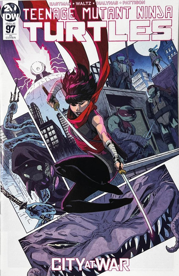 Teenage Mutant Ninja Turtles issue 97 Retailer Incentive RI Cover comic book published by IDW featuring Cory Smith cover art of Karai leaping with a sword over panels of the TMNT.