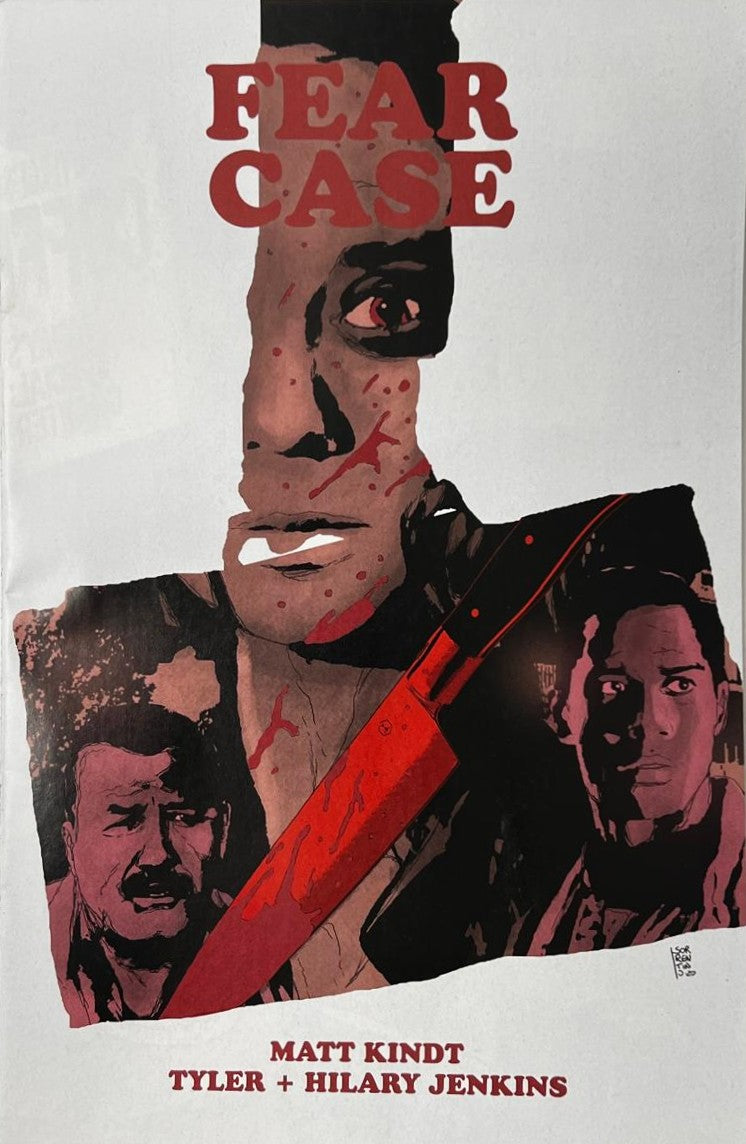 Fear Case issue 1 virgin variant comic book published by Dark Horse Comics featuring Tyler Jenkins horror cover art of blood-splattered detectives and a knife.