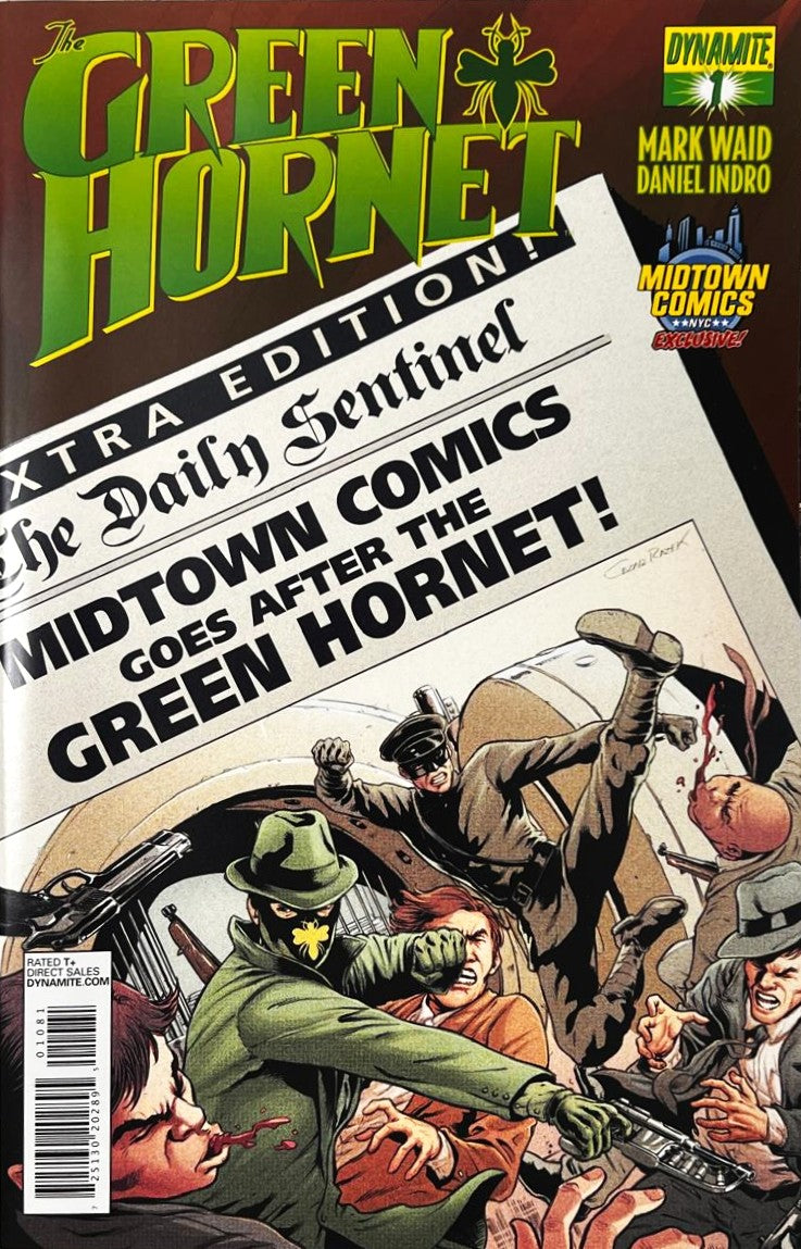 The Green Hornet issue 1 Midtown Comics Exclusive variant comic book published by Dynamite Entertainment featuring cover art of a newspaper headline with Kato and Green Hornet fighting mobsters.