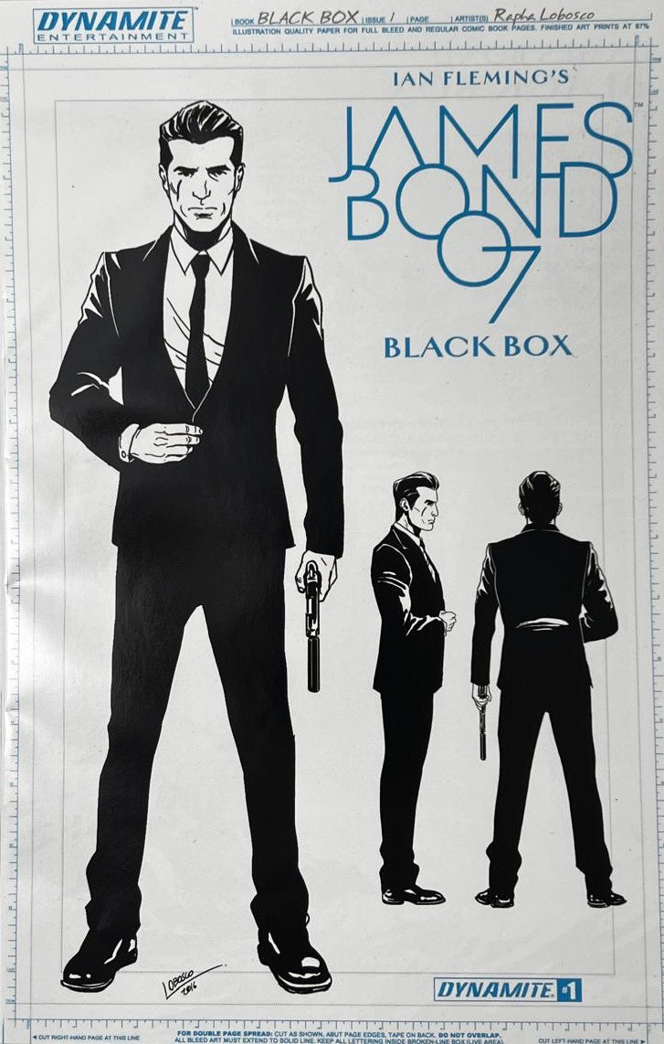 James Bond 007 Black Box issue 1 production board variant comic book published by Dynamite Entertainment featuring Rapha Lobosco black and white sketch cover art of James Bond.