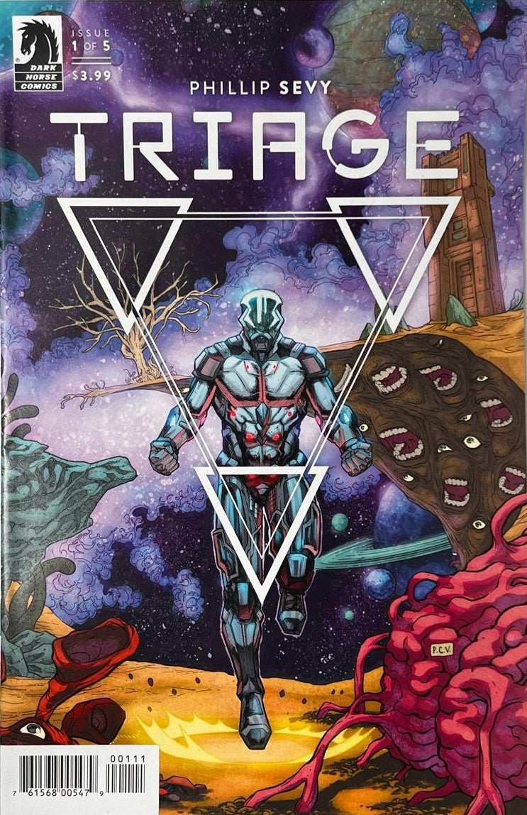 Triage issue 1 comic book published by Dark Horse Comics featuring Phillip Sevy cover art of an armored warrior walking through a triangle portal on a cosmic alien world.