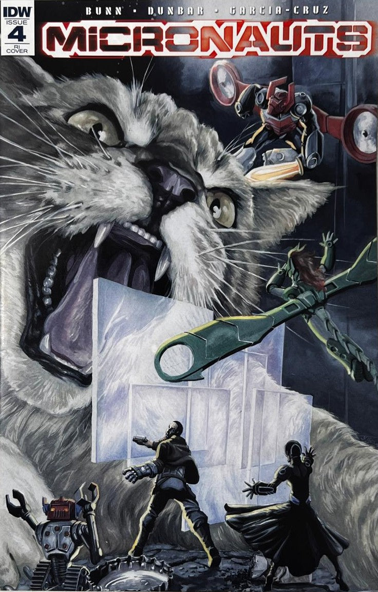 Micronauts issue 4 Retailer Incentive RI Cover comic book published by IDW Publishing featuring artwork of tiny Micronauts heroes battling a giant roaring cat.
