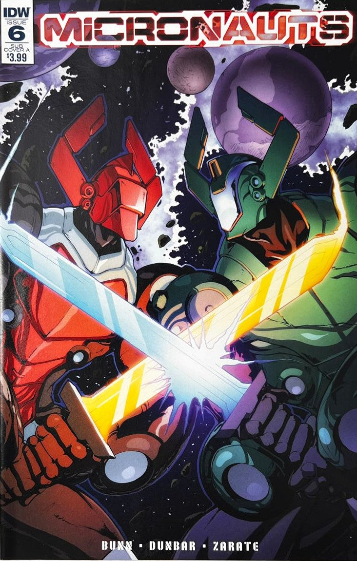 Micronauts issue 6 Sub Cover A comic book published by IDW Publishing featuring Max Dunbar cover art of red and green armored Acroyear warriors clashing swords in outer space.