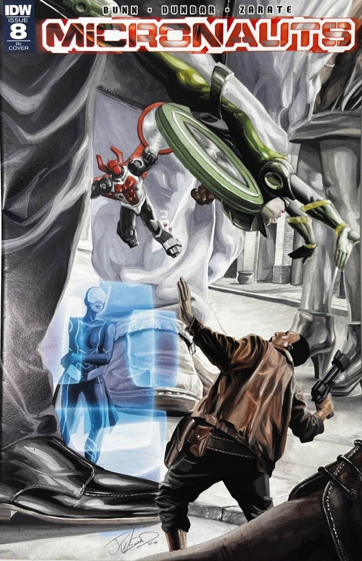 Micronauts issue 8 Retailer Incentive RI Cover comic book published by IDW Publishing featuring sci-fi artwork of tiny Micronauts heroes fighting among giant human feet.