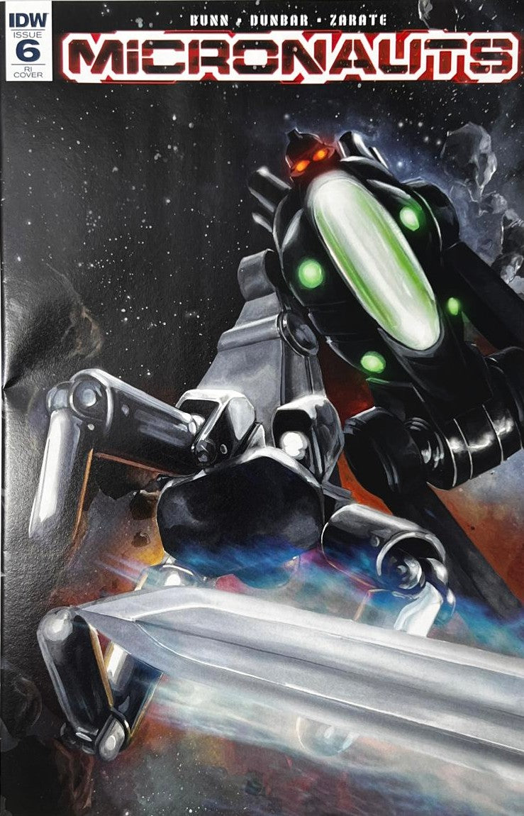Micronauts issue 6 Retailer Incentive RI Cover comic book published by IDW Publishing featuring sci-fi cover art of a black and green Bioid mecha reaching out in outer space amid asteroids.